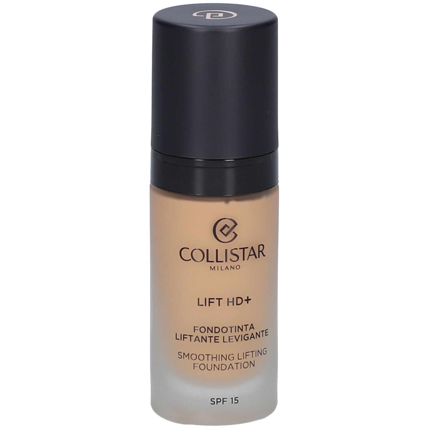 Beige foundationfles met zwarte dop. Opschrift: Collistar, Lift HD+, Smoothing Lifting Foundation, SPF 15.