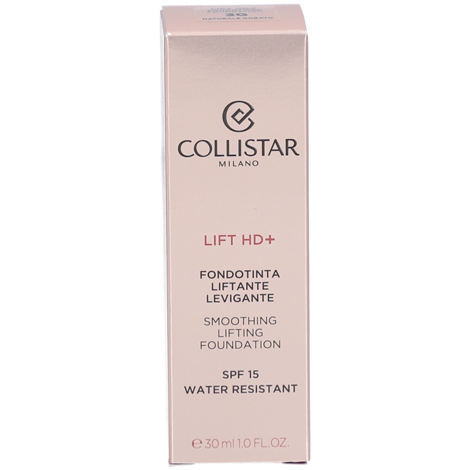 Verpakking met opschrift: Collistar, Lift HD+, Smoothing Lifting Foundation, SPF 15, Water Resistant, 30ml.