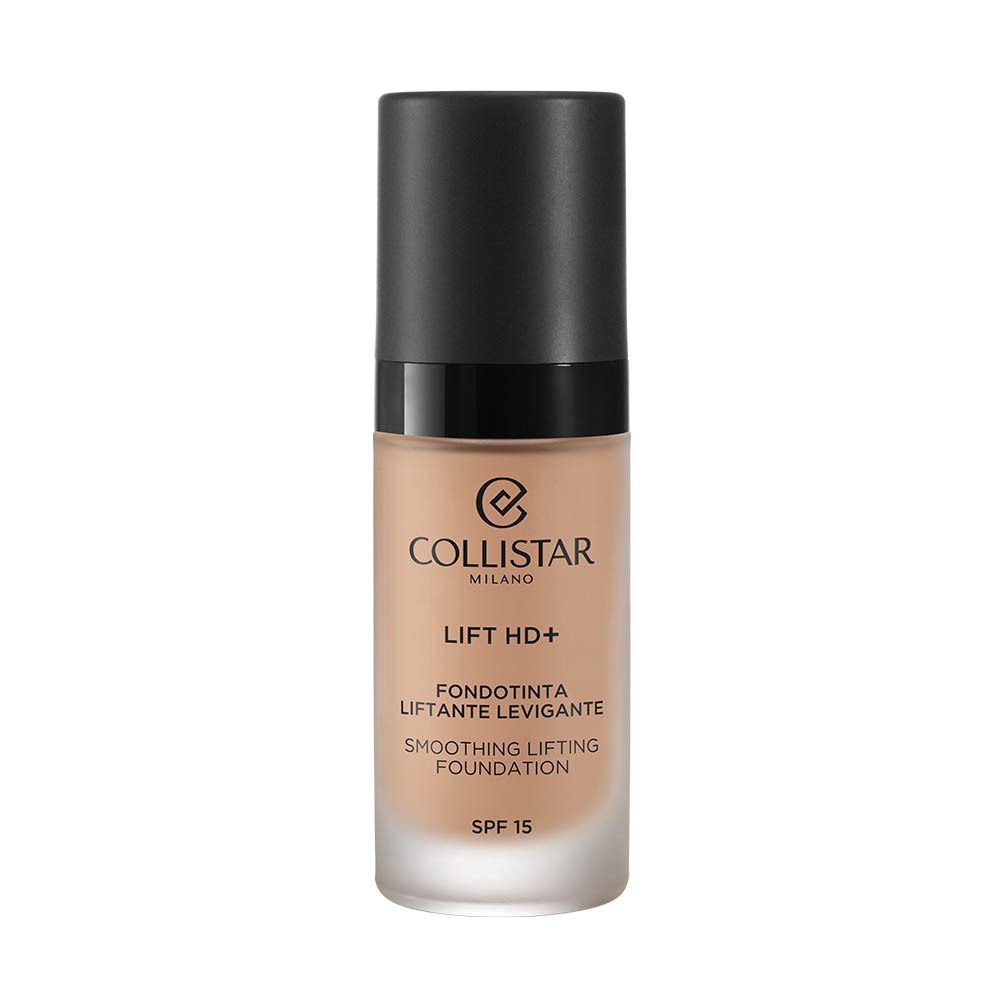 Flacon avec bouchon noir. Inscriptions: Collistar Milano, Lift HD+, Fondotinta, Smoothing Lifting Foundation, SPF 15.