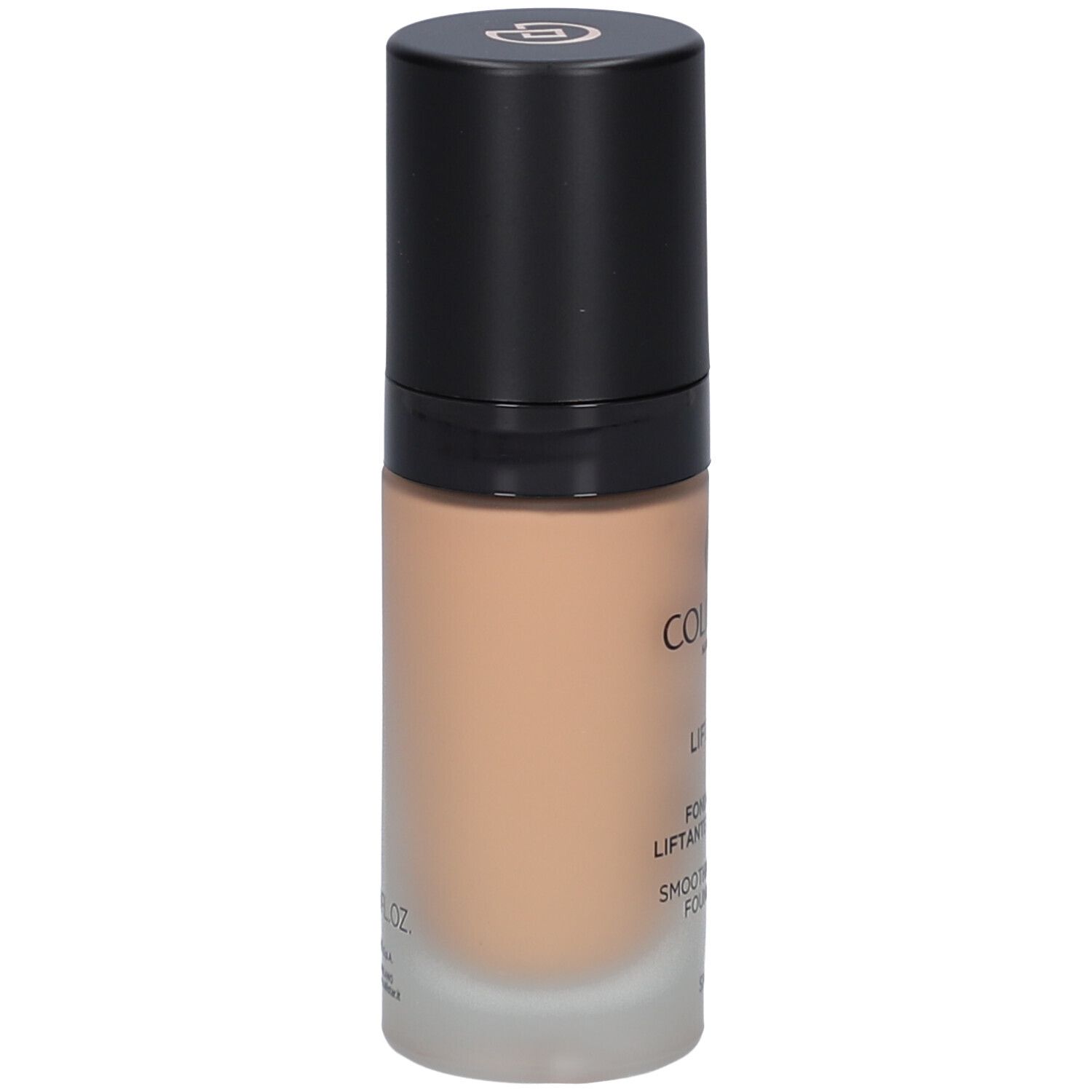 Beige foundationfles met zwarte dop. Opschrift: Collistar, Lift HD+, Smoothing Lifting Foundation.