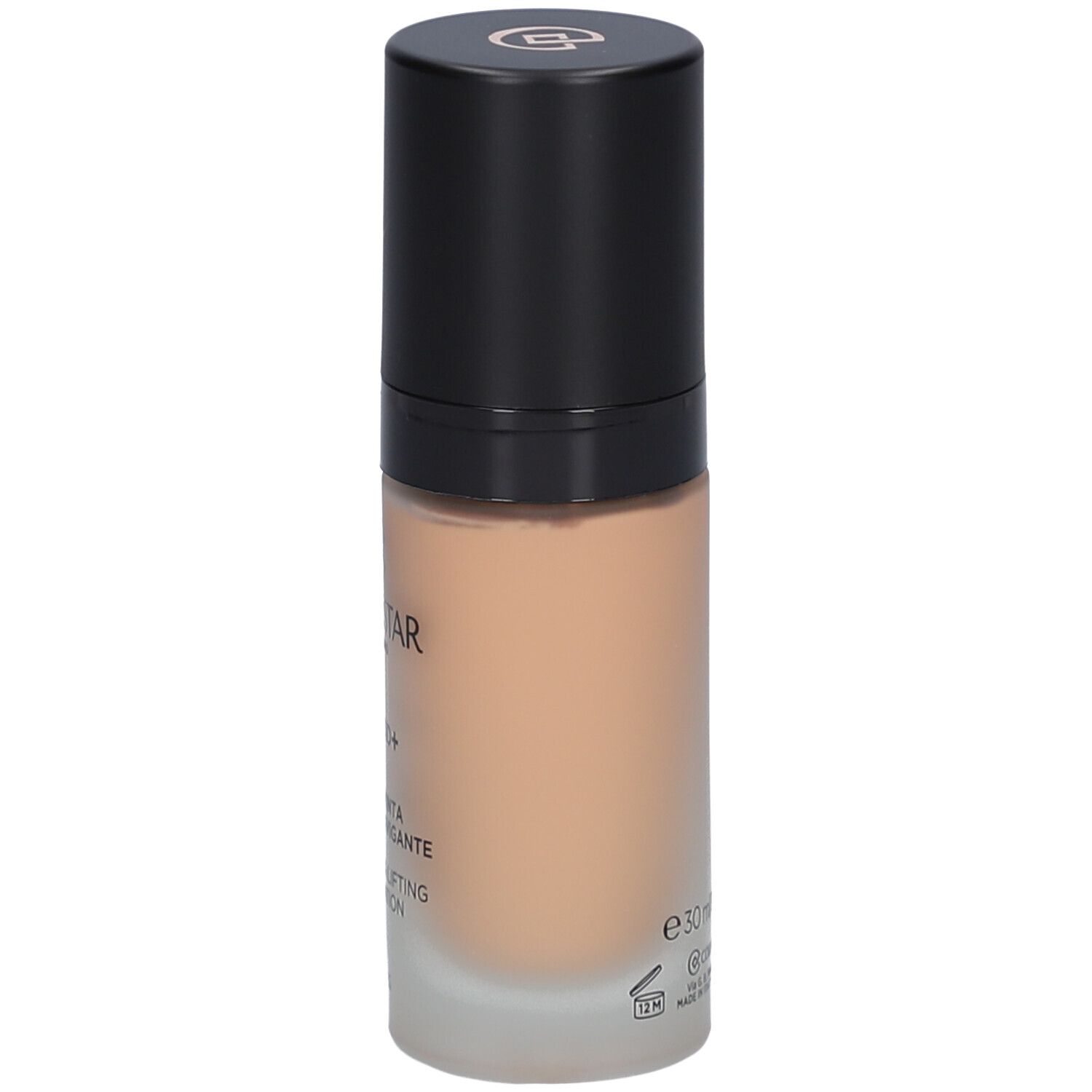 Beige foundationfles met zwarte dop. Opschrift: Collistar, Lift HD+, Smoothing Lifting Foundation, e30ml.