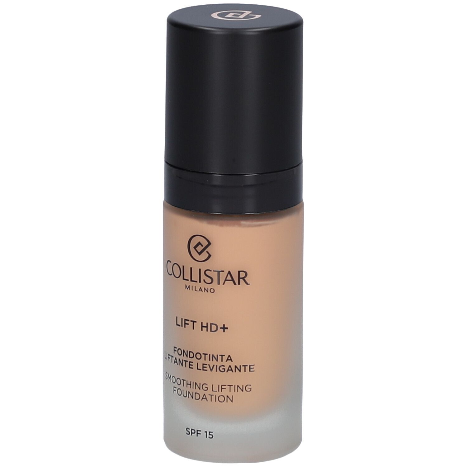 Beige foundationfles met zwarte dop. Opschrift: Collistar, Lift HD+, Smoothing Lifting Foundation, SPF 15.