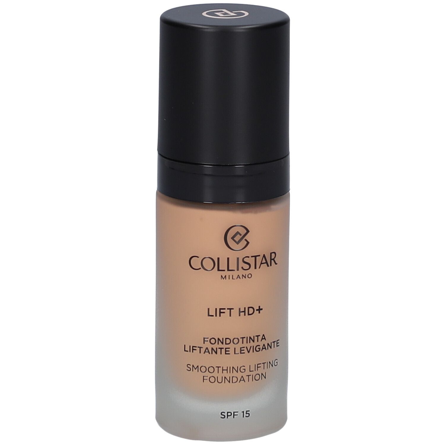 Beige foundationfles met zwarte dop. Opschrift: Collistar, Lift HD+, Smoothing Lifting Foundation, SPF 15.