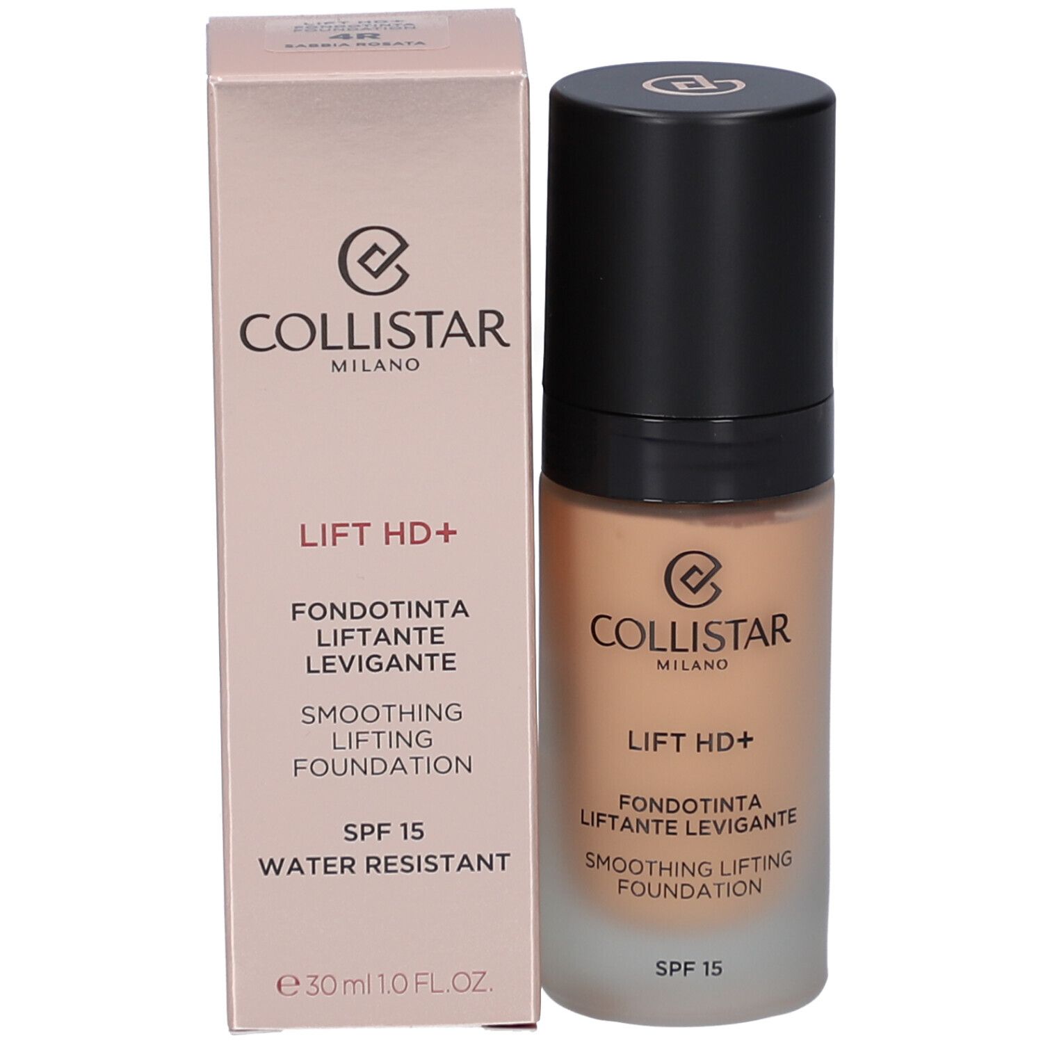 Foundationfles en doos. Opschrift: Collistar, Lift HD+, Smoothing Lifting Foundation, SPF 15, Water Resistant.