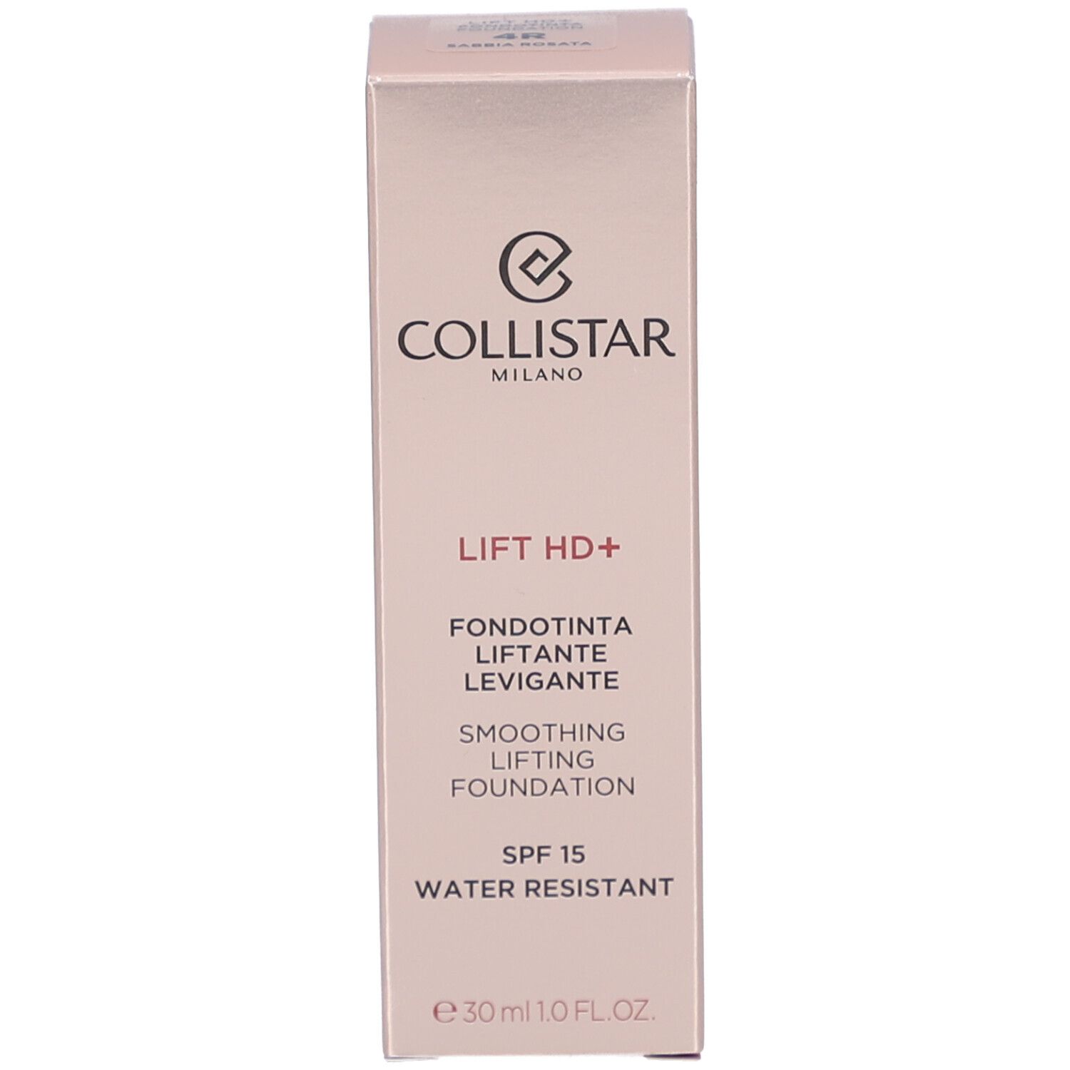 Doos met opschrift: Collistar, Lift HD+, Smoothing Lifting Foundation, SPF 15, Water Resistant.