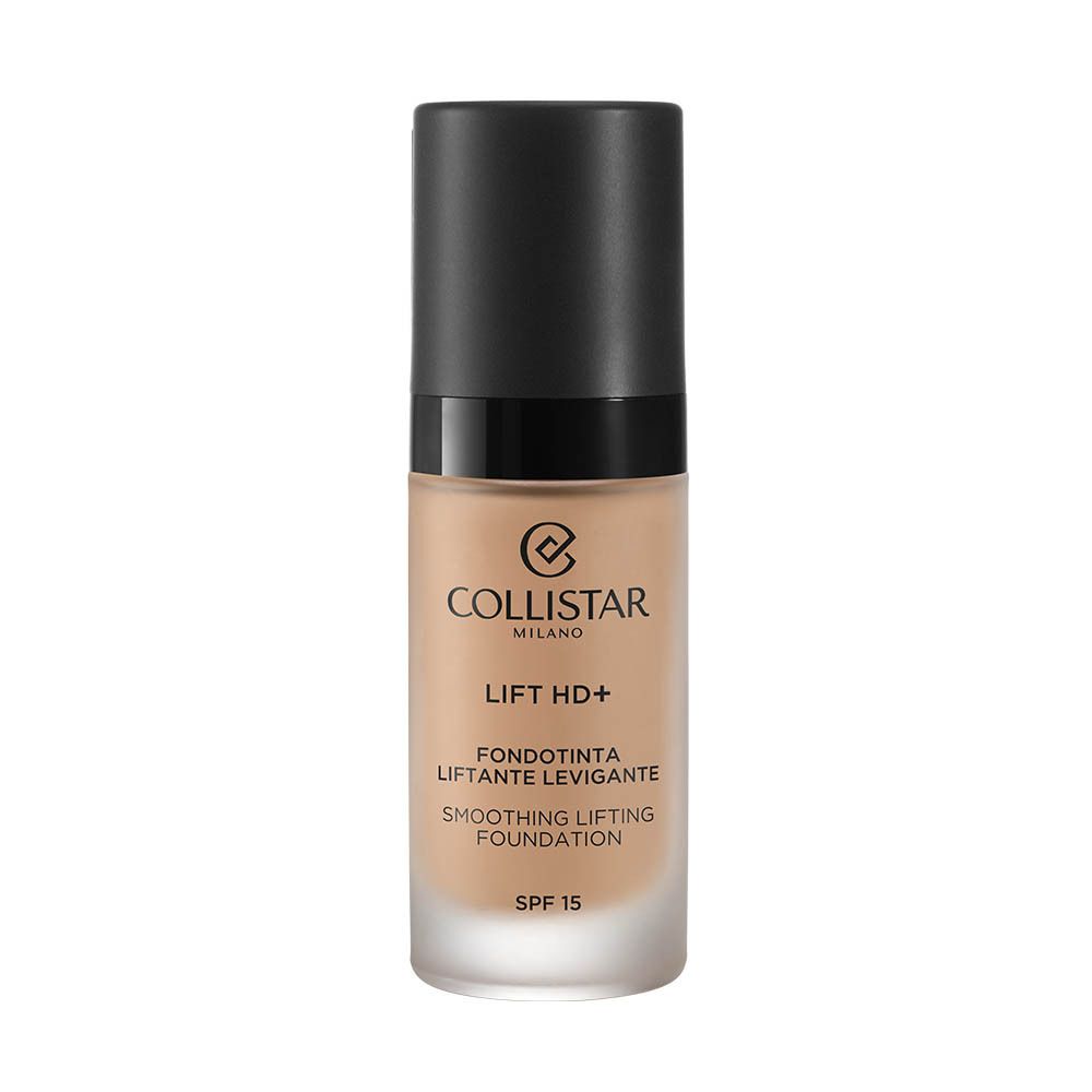 Flacon de fond de teint Collistar Lift HD+. Bouchon noir, base transparente. Inscriptions: Collistar, Lift HD+, Fondotinta, SPF 15.