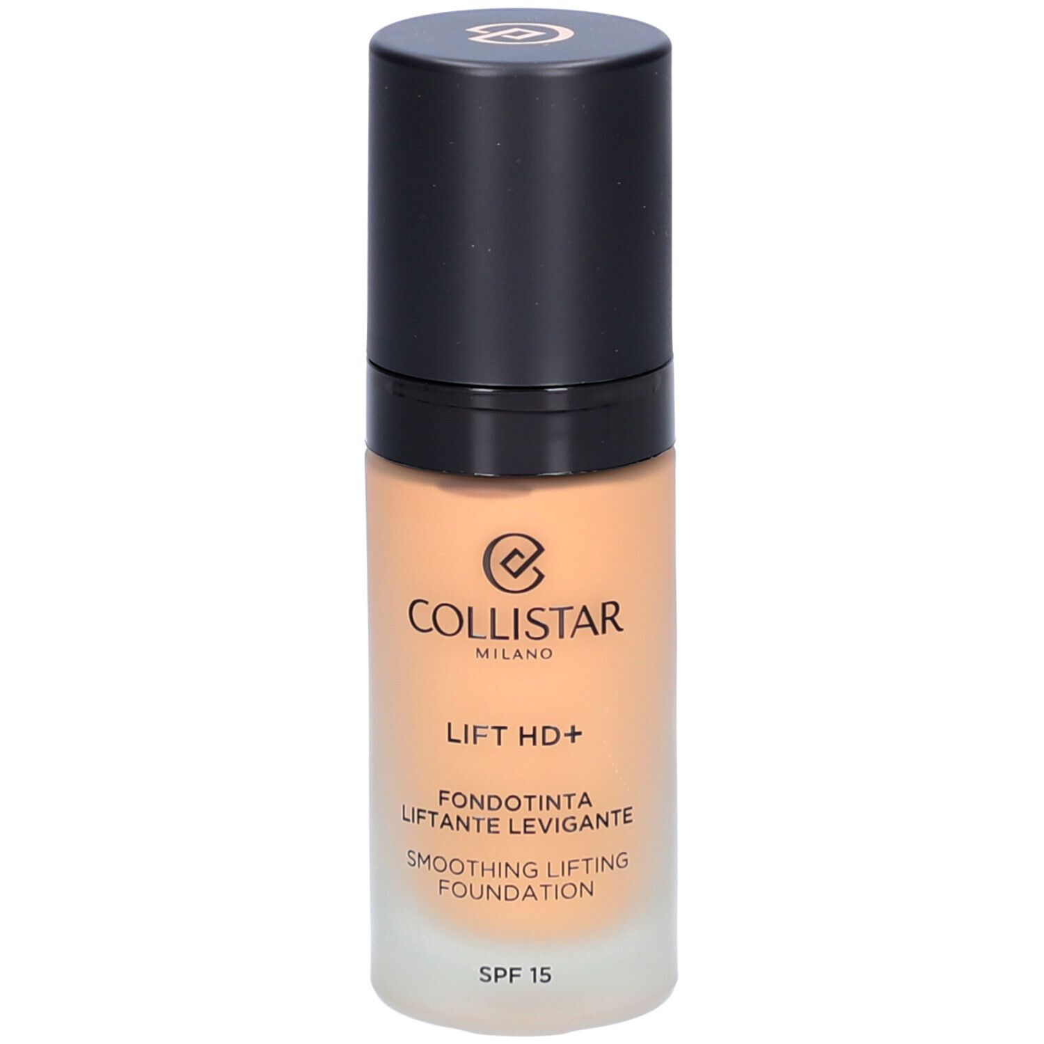 Flacon de fond de teint avec bouchon noir. Inscription: Collistar, Lift HD+, Smoothing Lifting Foundation, SPF 15.