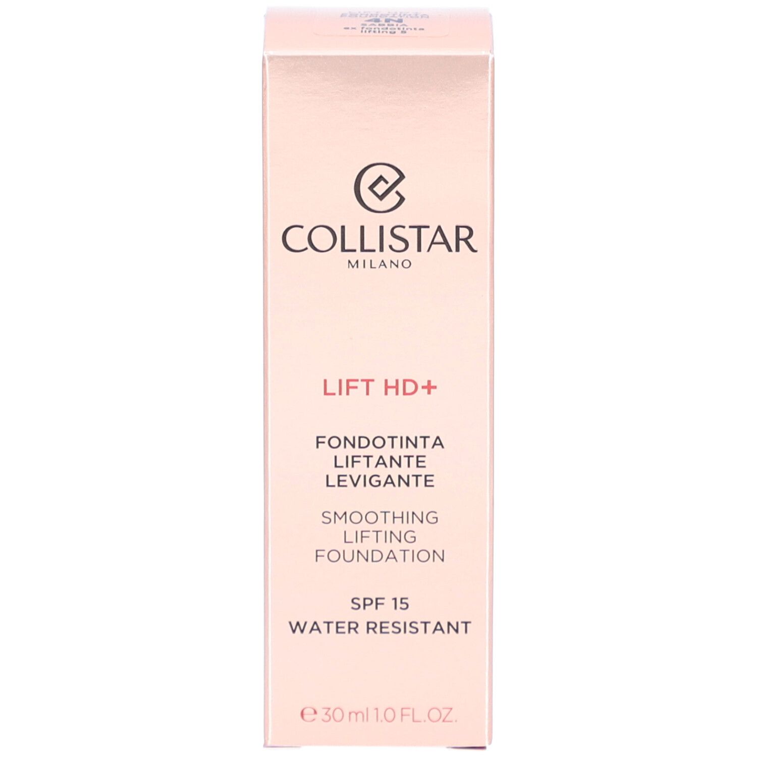 Emballage. Inscription: Collistar, Lift HD+, Smoothing Lifting Foundation, SPF 15, Water Resistant.
