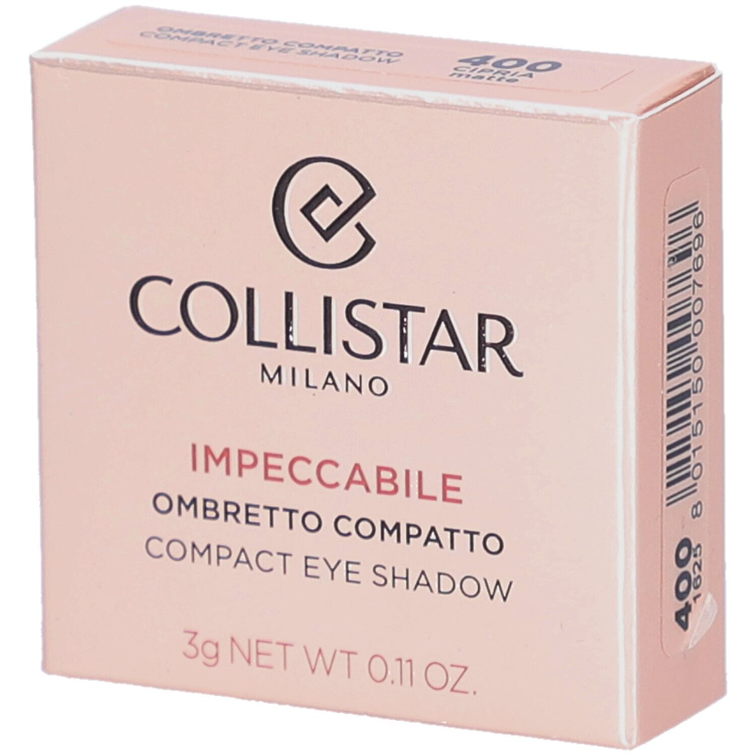 Compacte oogschaduwverpakking. Merk Collistar, Impeccabile. Tint 400 Cipria Matte. 3g.