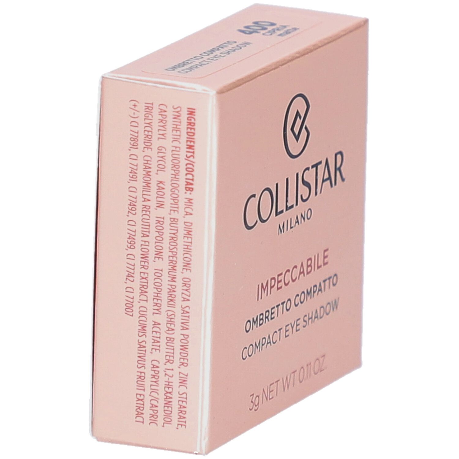 Compacte oogschaduwverpakking. Merk Collistar, Impeccabile. Ingrediënten op de zijkant. 3g.