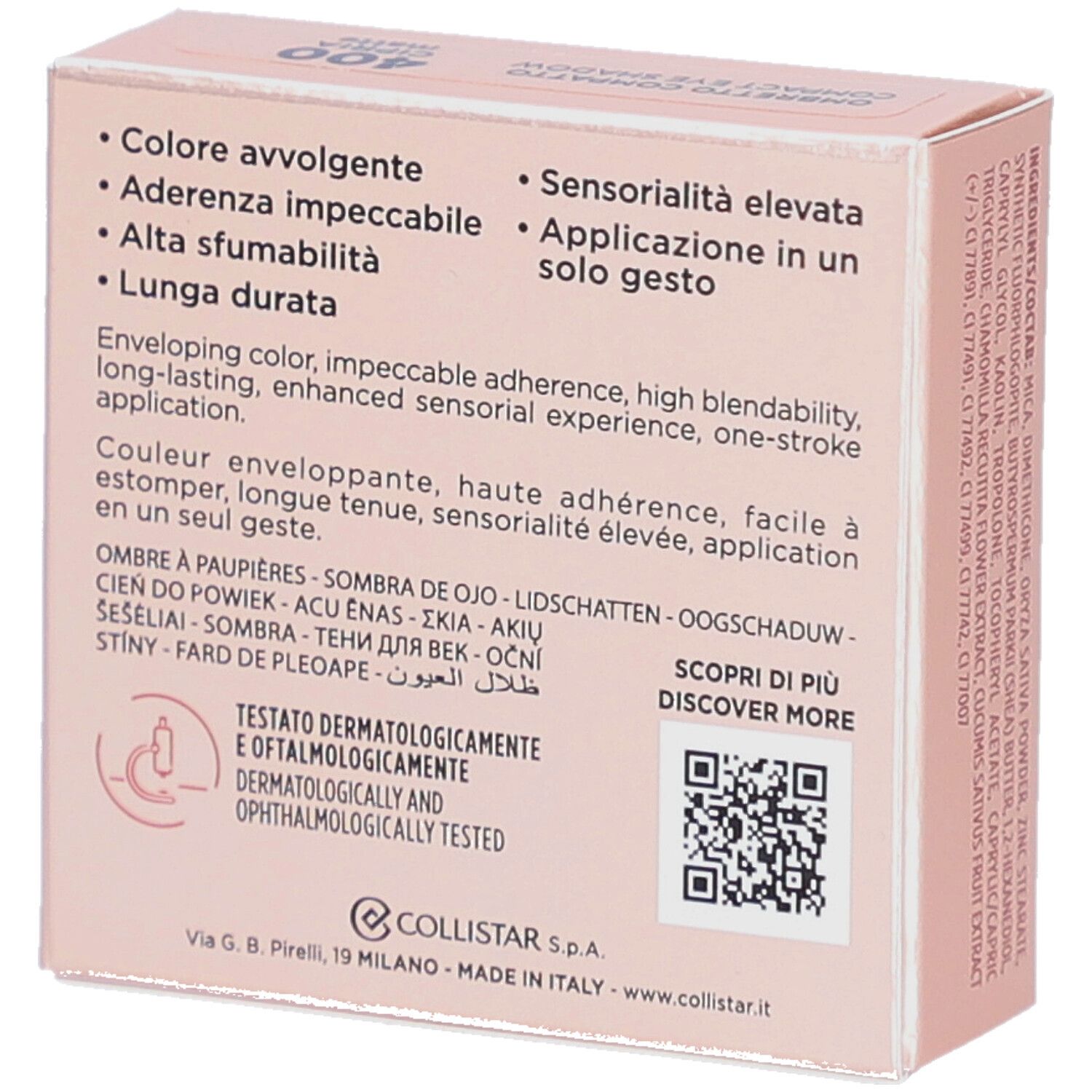 Achterkant van de oogschaduwverpakking. Merk Collistar. Tekst: dermatologisch en oftalmologisch getest. QR-code.