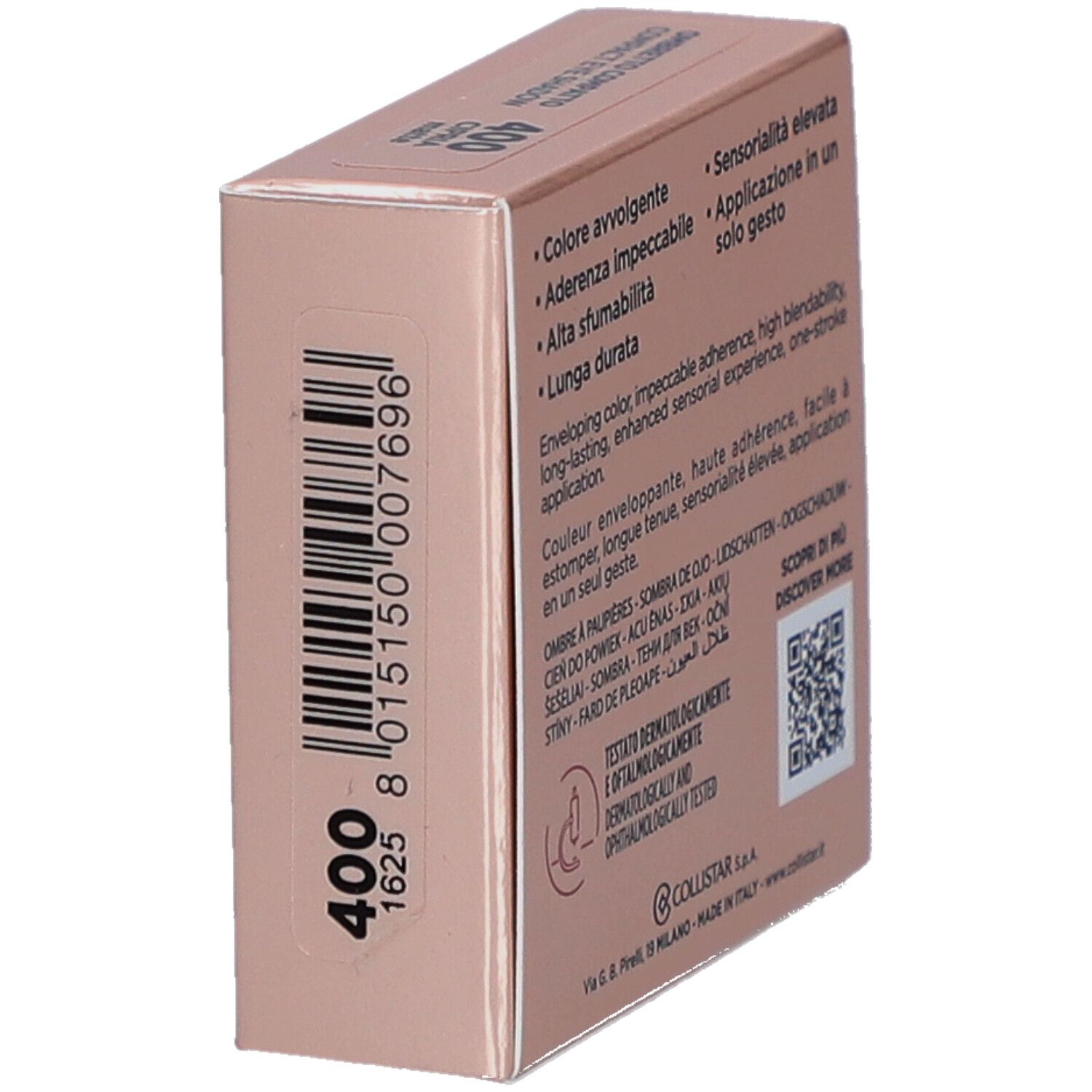 Achterkant van de oogschaduwverpakking. Merk Collistar. Tekst: dermatologisch en oftalmologisch getest. QR-code.