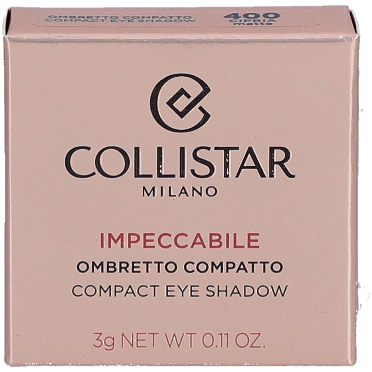 Compacte oogschaduwverpakking. Merk Collistar, Impeccabile. Tint 400 Cipria Matte. 3g.