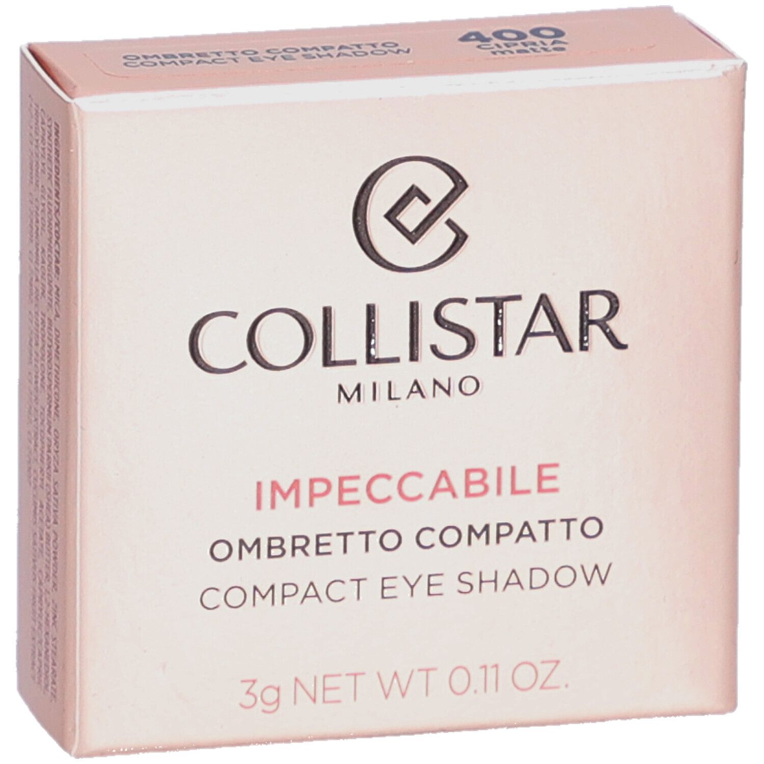 Compacte oogschaduwverpakking. Merk Collistar, Impeccabile. Tint 400 Cipria Matte. 3g.