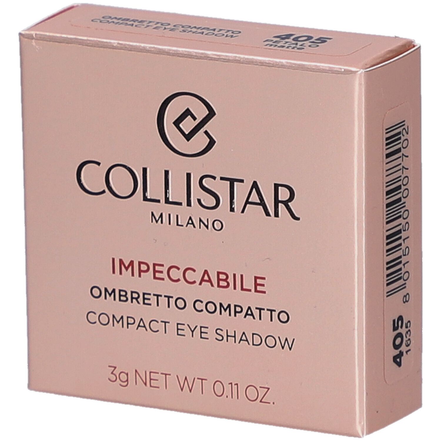 Compacte oogschaduwverpakking. Roze tint. Merk Collistar. Tekst: Impeccabile Ombretto Compatto Compact Eye Shadow.