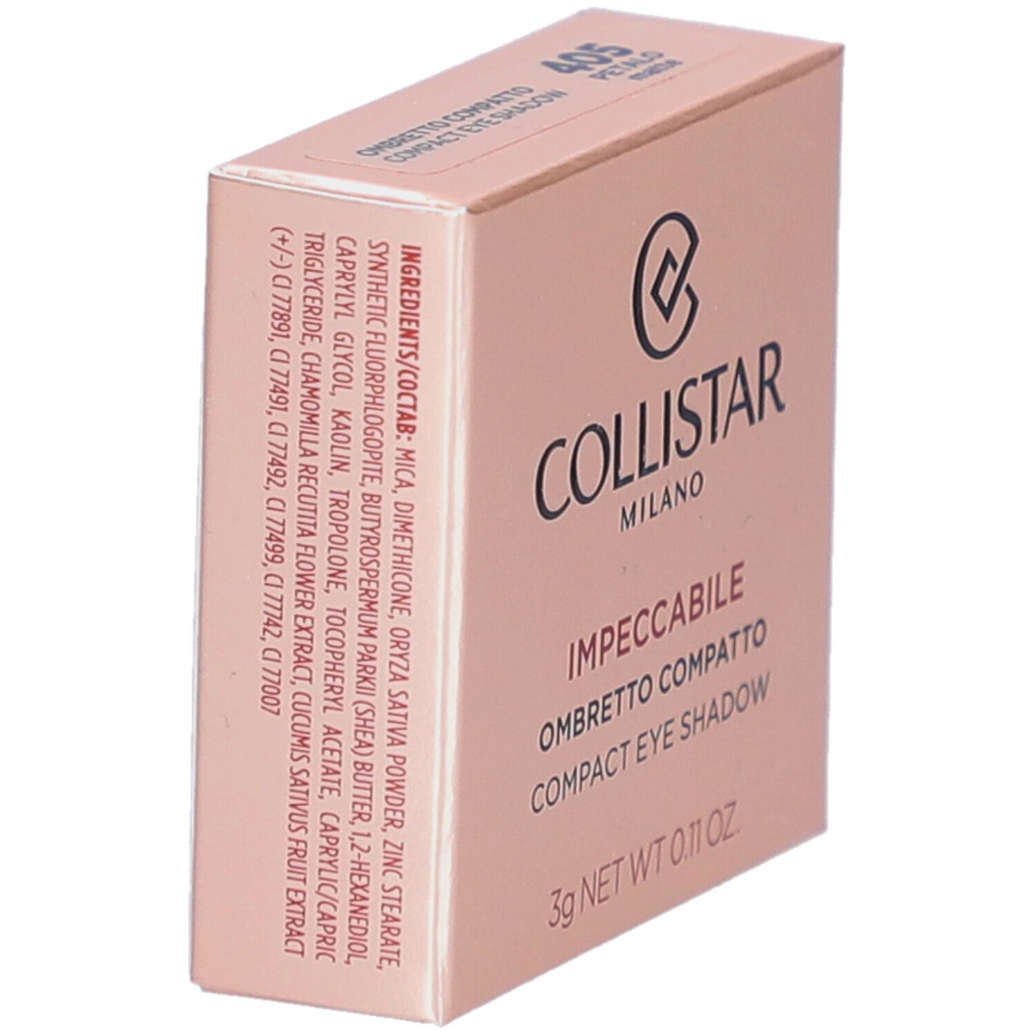Compacte oogschaduwverpakking. Roze tint. Merk Collistar. Ingrediënten afgedrukt.