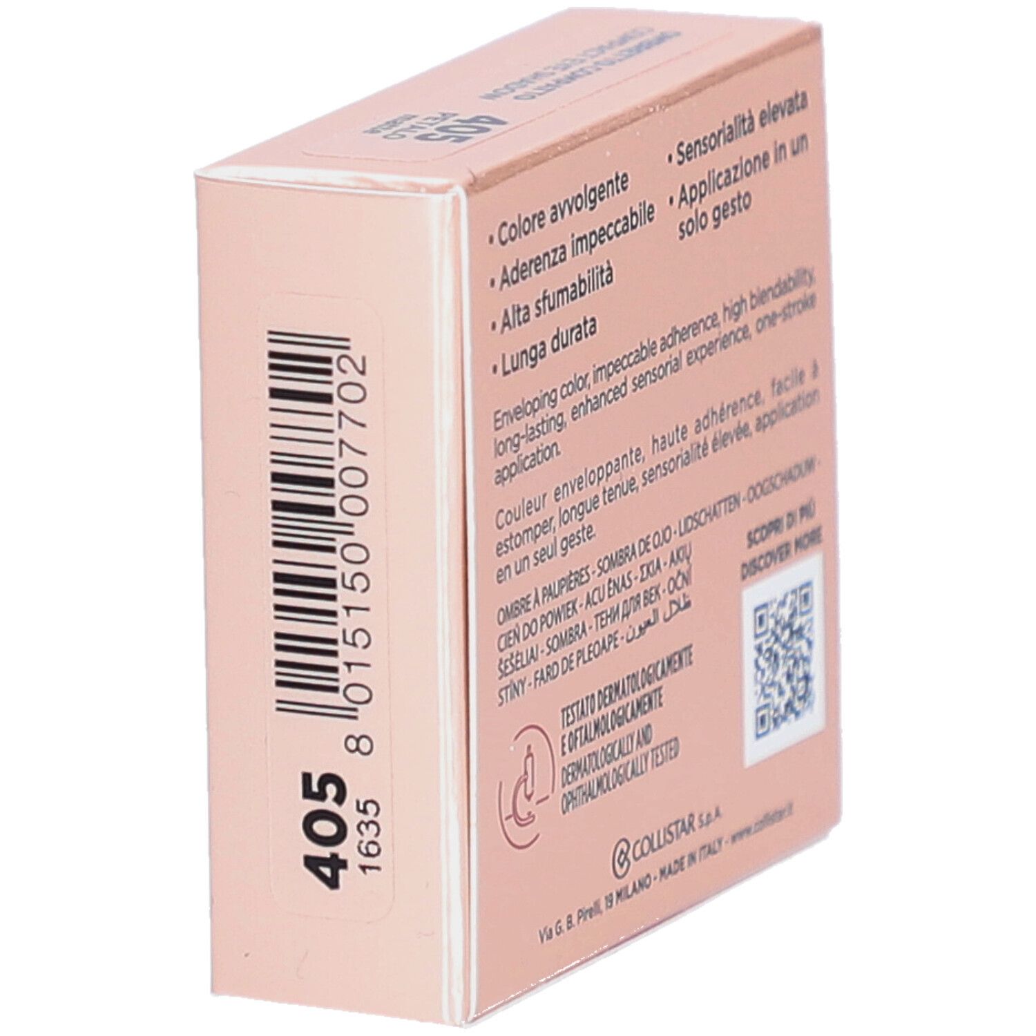 Achterkant van de oogschaduwverpakking. Meertalige tekst. Dermatologisch en oftalmologisch getest.