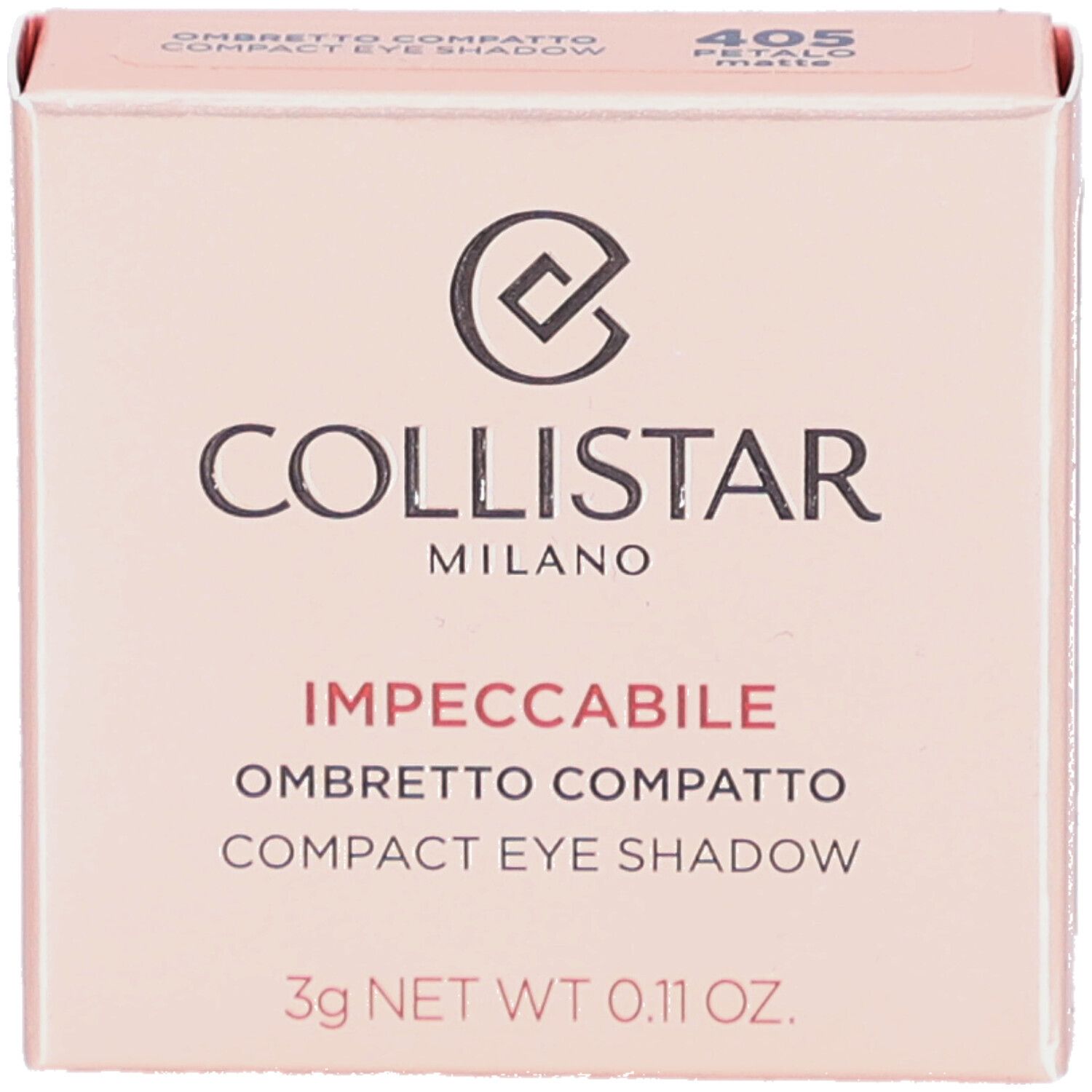 Compacte oogschaduwverpakking. Roze tint. Merk Collistar. Tekst: Impeccabile Ombretto Compatto Compact Eye Shadow.