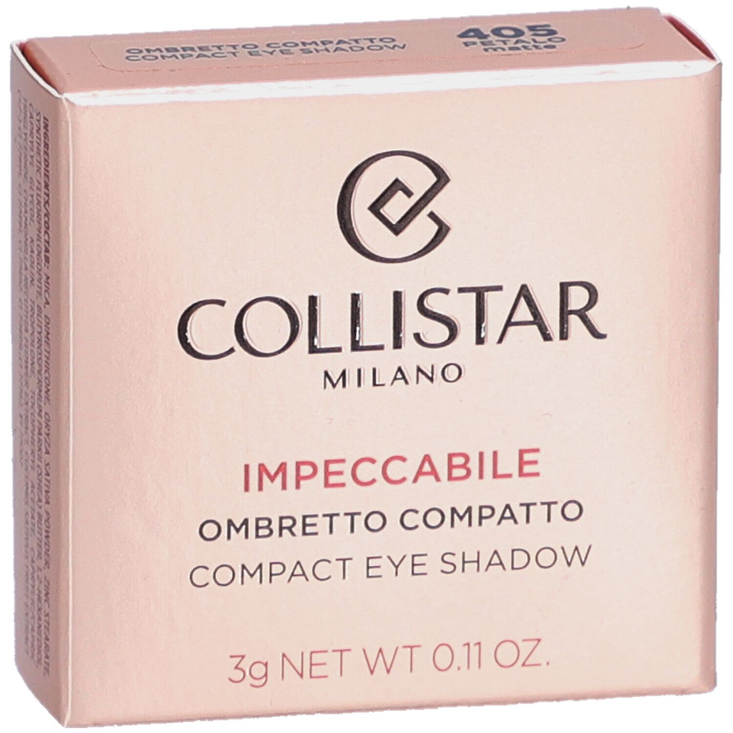 Compacte oogschaduwverpakking. Roze tint. Merk Collistar. Tekst: Impeccabile Ombretto Compatto Compact Eye Shadow.