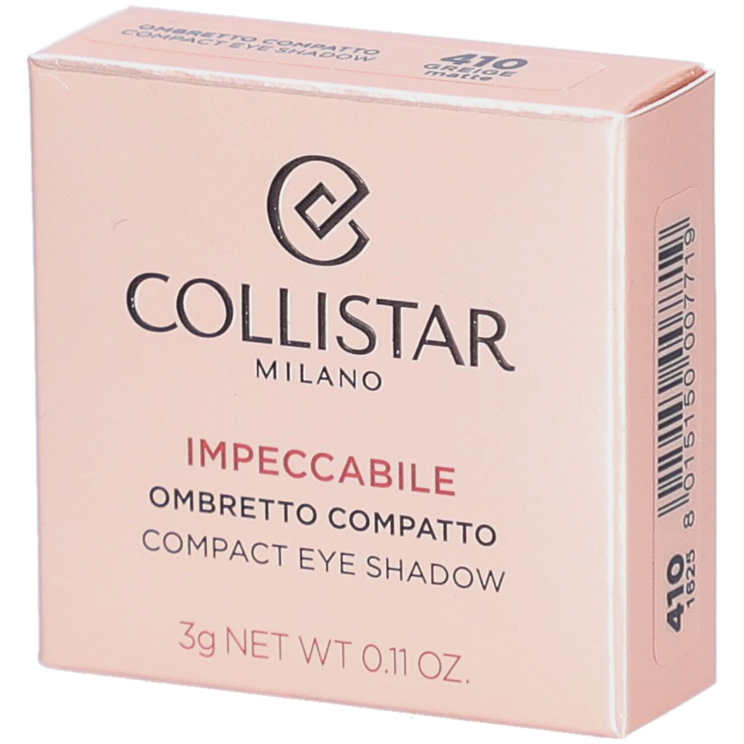 Collistar Impeccabile compacte oogschaduw verpakking. Roze doos met productinfo en logo.