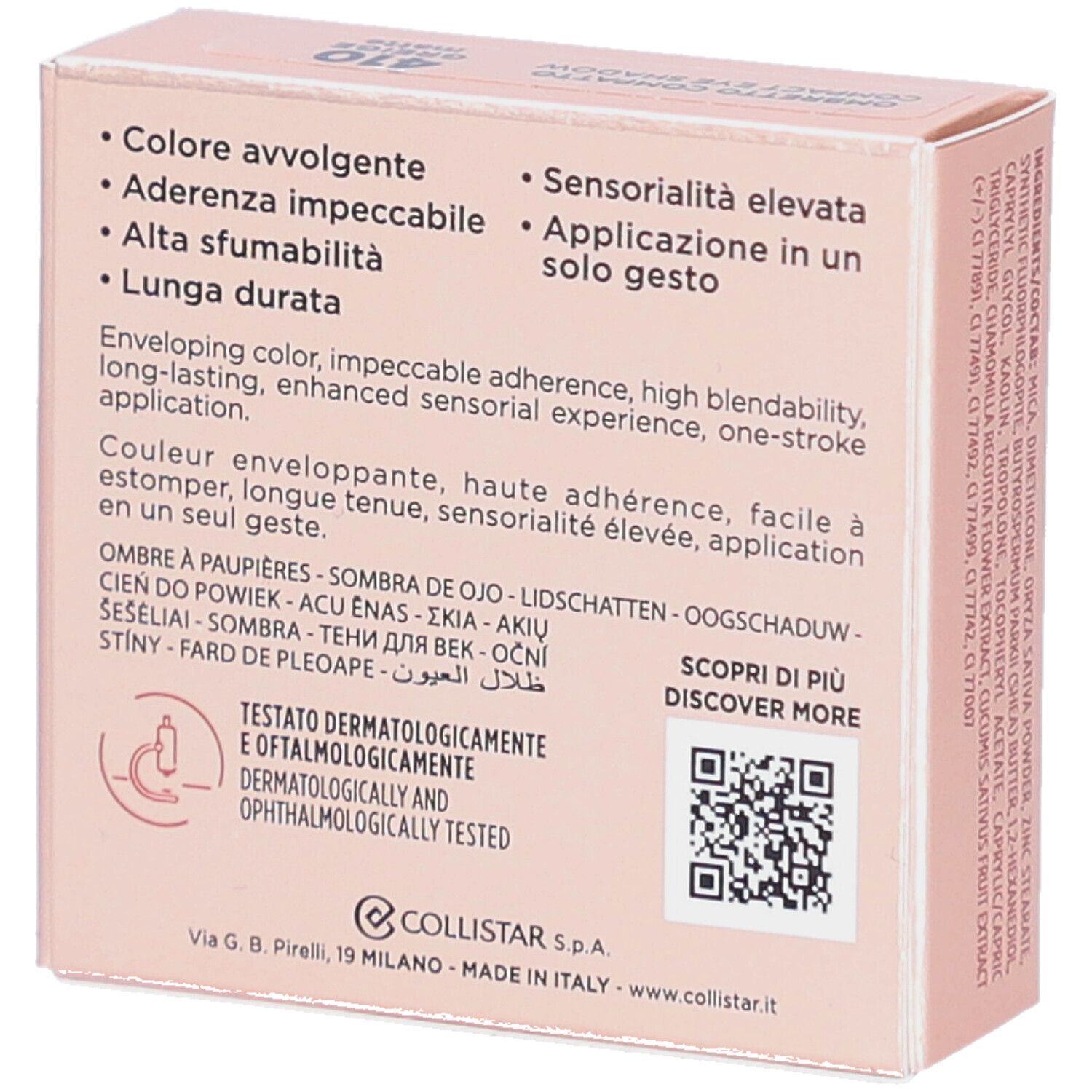 Achterkant Collistar Impeccabile compacte oogschaduw verpakking. Tekst met kenmerken en QR-code.