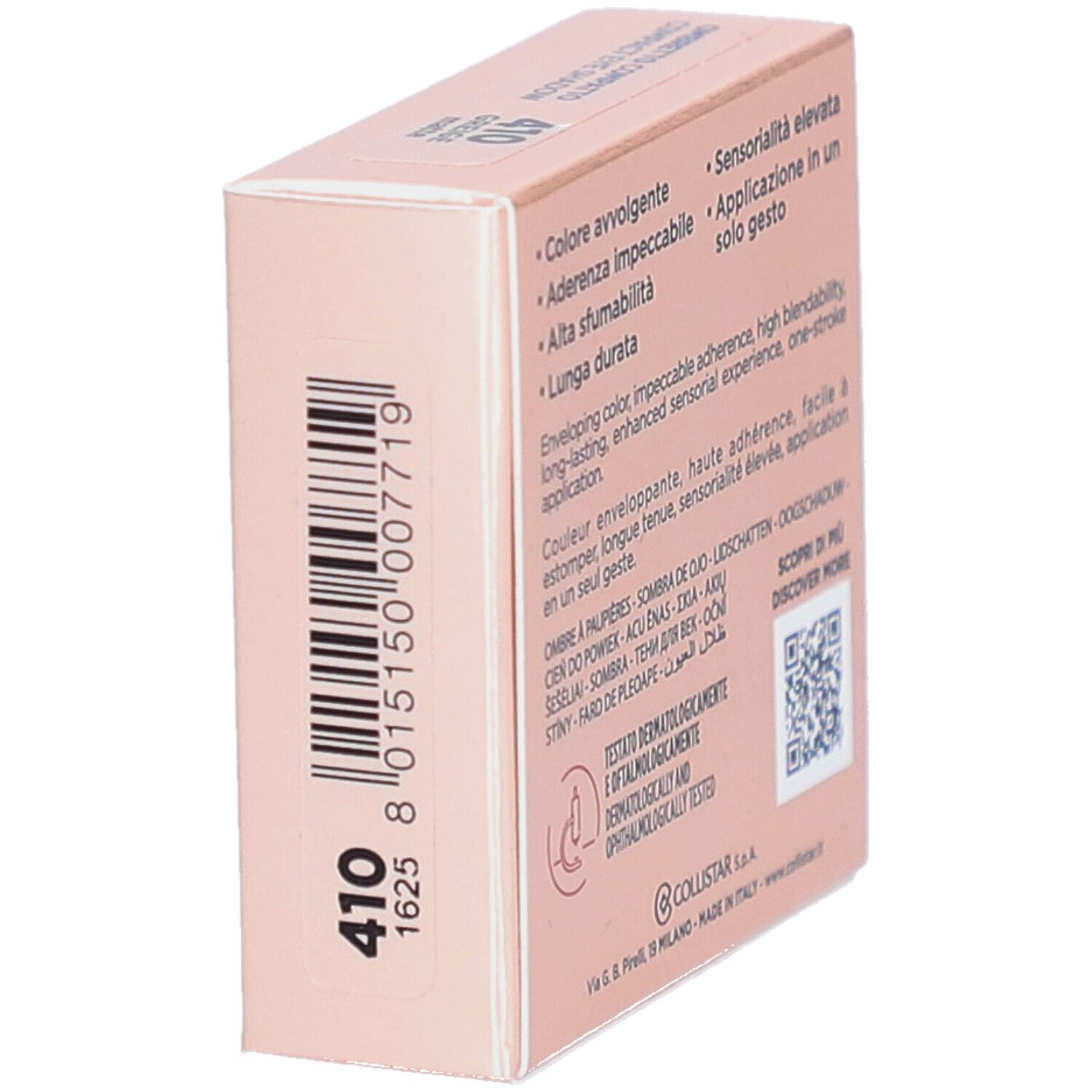 Collistar Impeccabile compacte oogschaduw verpakking. Zijaanzicht met info en barcode.