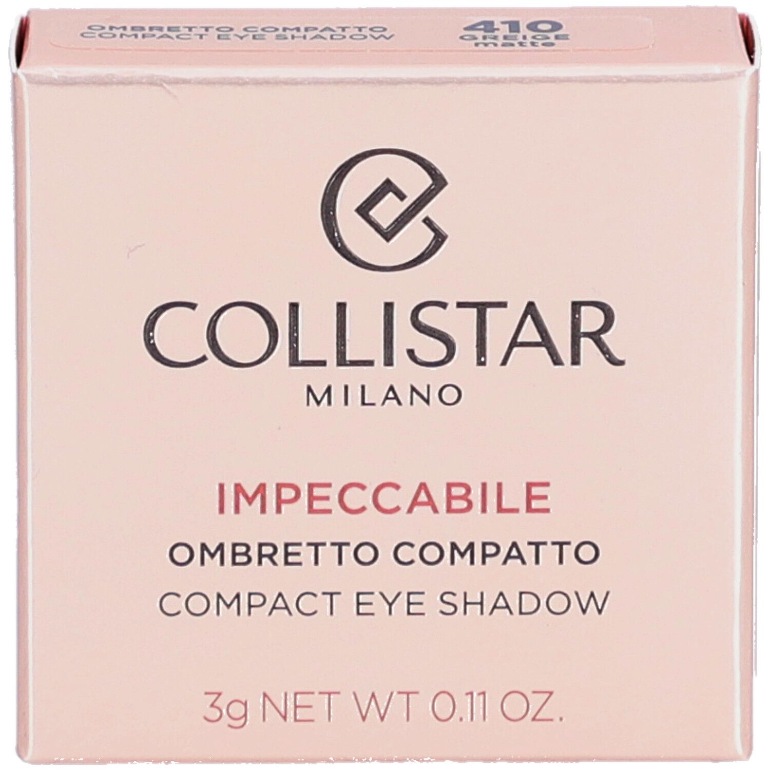 Collistar Impeccabile compacte oogschaduw verpakking. Vooraanzicht met naam en logo.