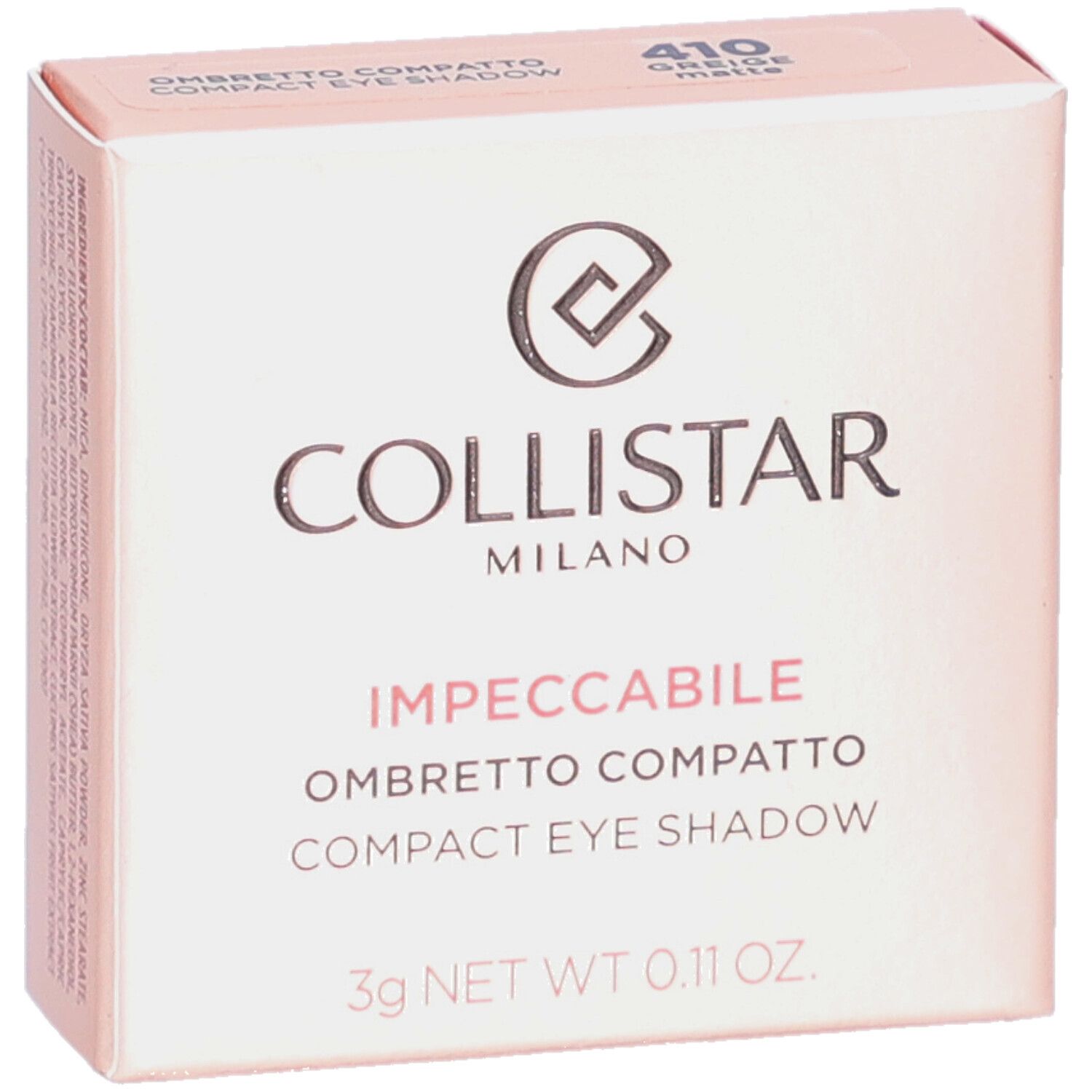 Collistar Impeccabile compacte oogschaduw verpakking. Vooraanzicht met naam en logo.