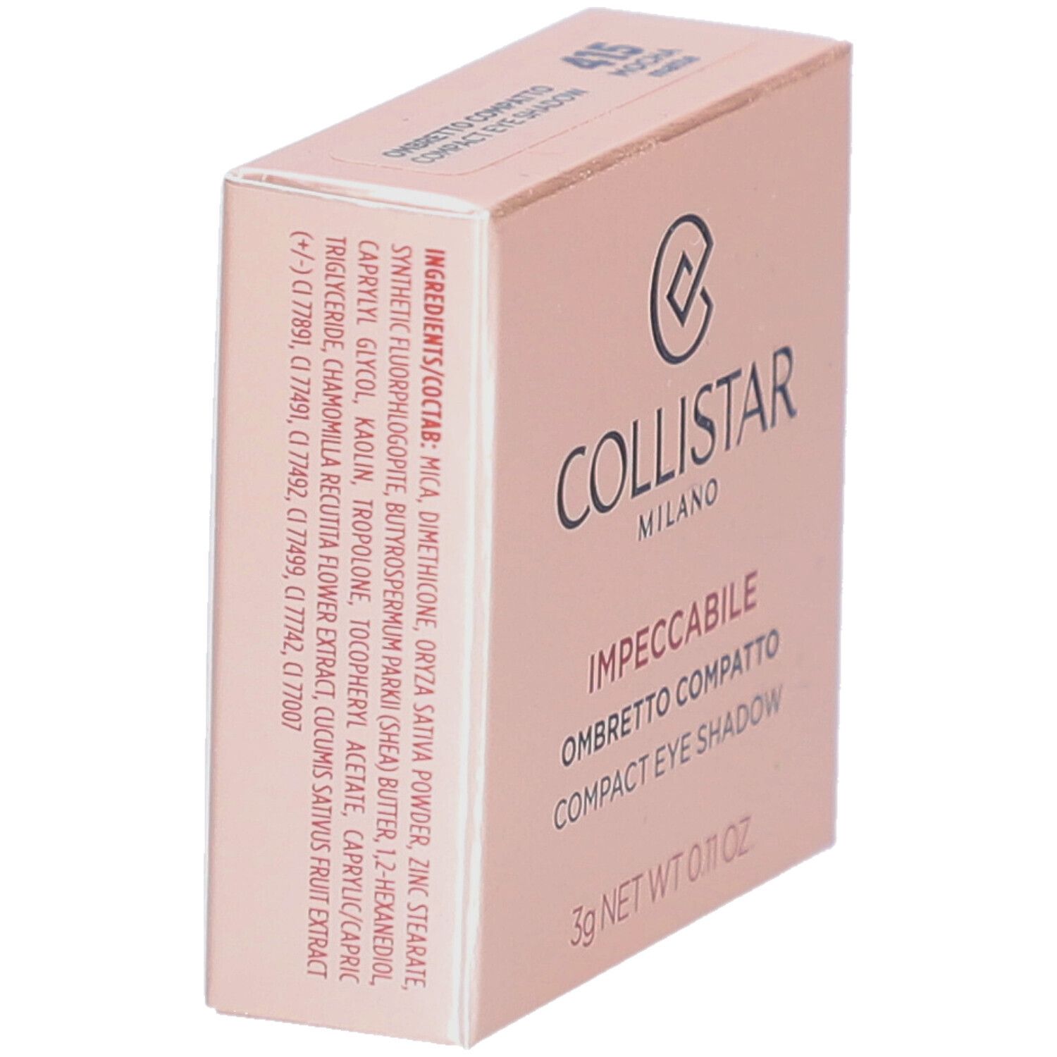 Compacte oogschaduwverpakking. Merk Collistar. Achterkant met ingrediënten en logo.