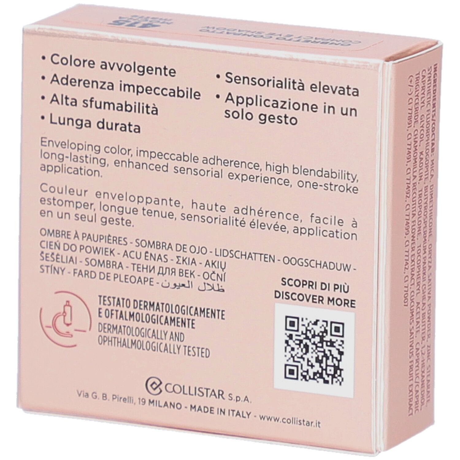 Compacte oogschaduwverpakking. Merk Collistar. Achterkant met kenmerken en logo.