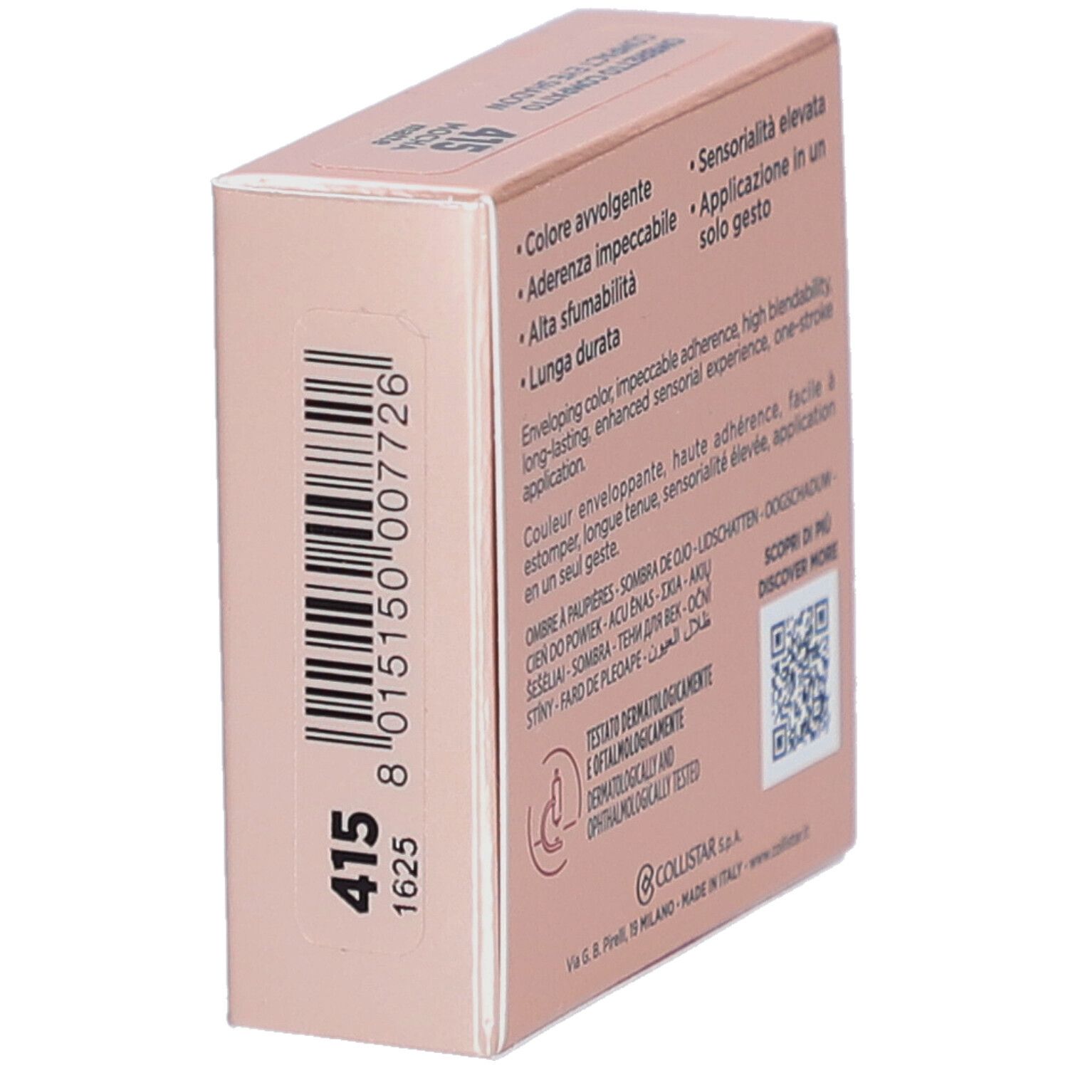 Compacte oogschaduwverpakking. Merk Collistar. Achterkant met kenmerken en logo.