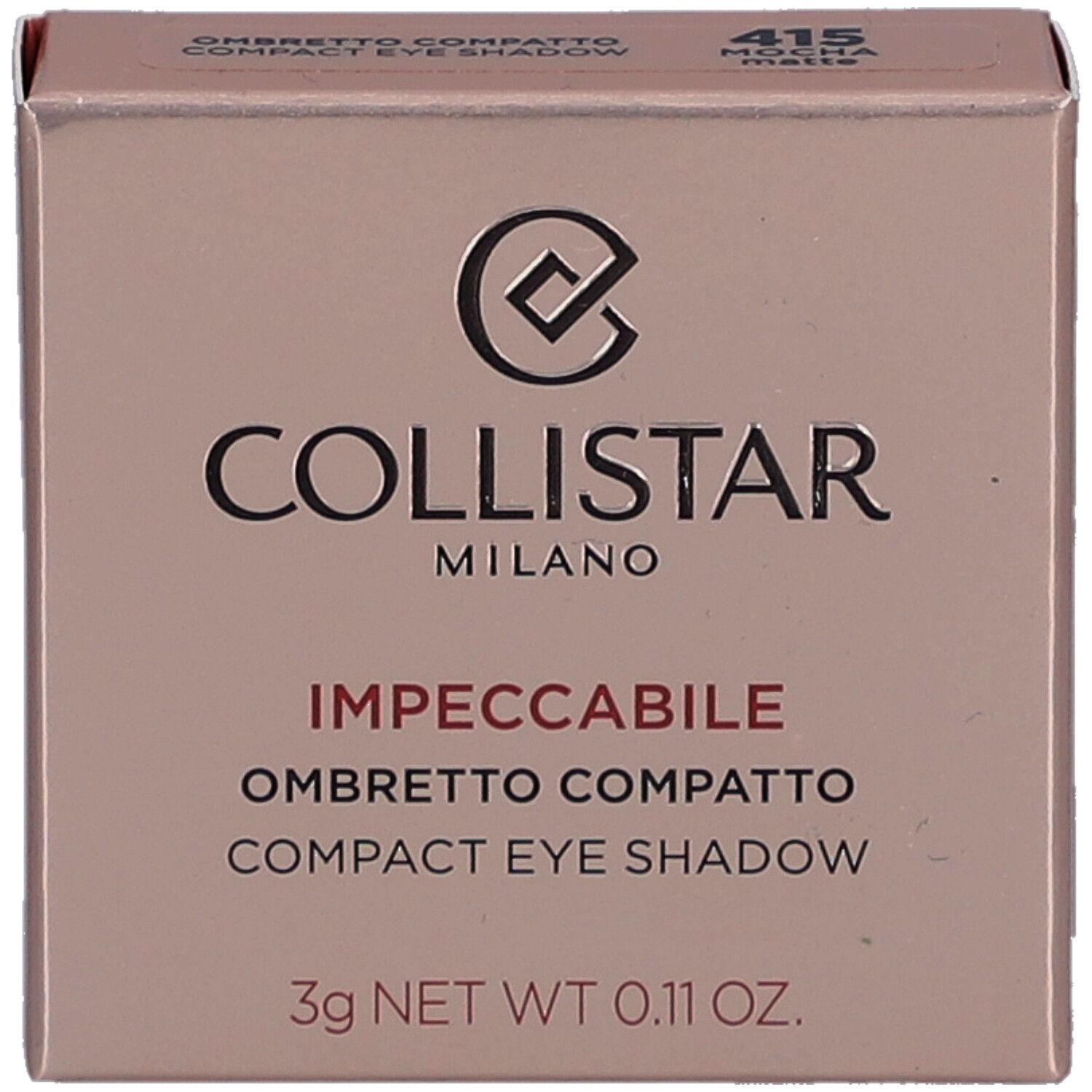 Compacte oogschaduwverpakking. Merk Collistar. Roze doos met productinfo en logo.