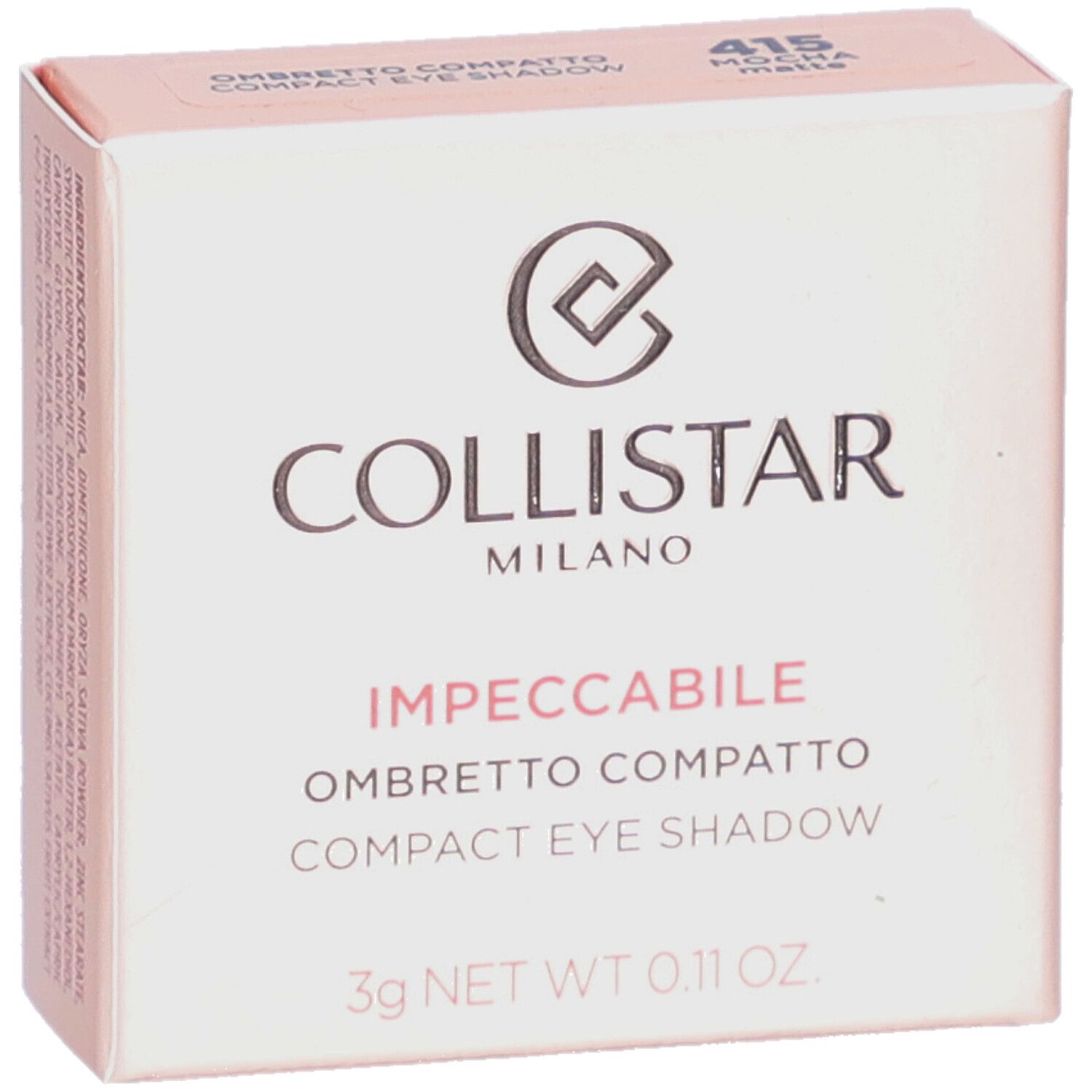 Compacte oogschaduwverpakking. Merk Collistar. Roze doos met productinfo en logo.