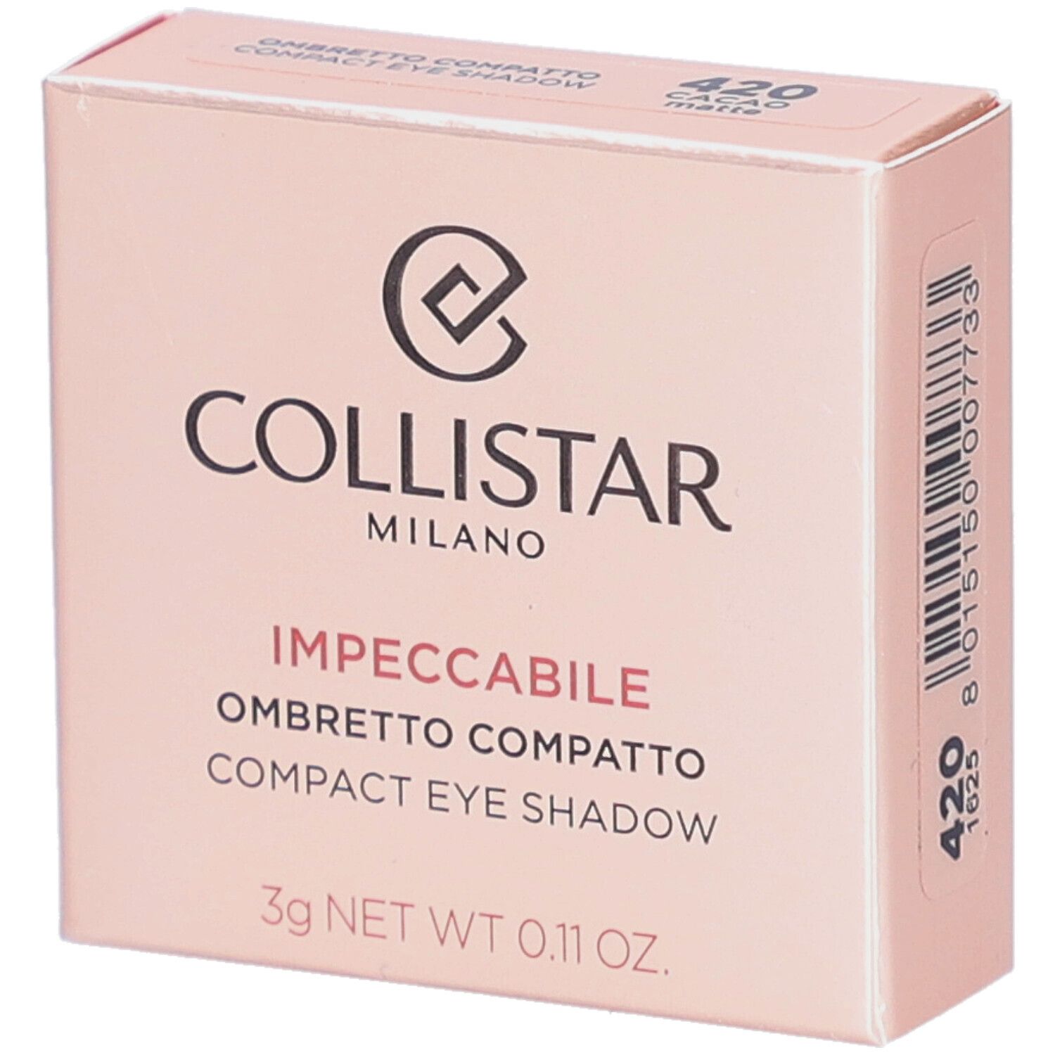 Compacte oogschaduw in roze verpakking. Merk Collistar, tint 420 Cacao Matte. 3g netto. Tekst in het Italiaans en Engels.