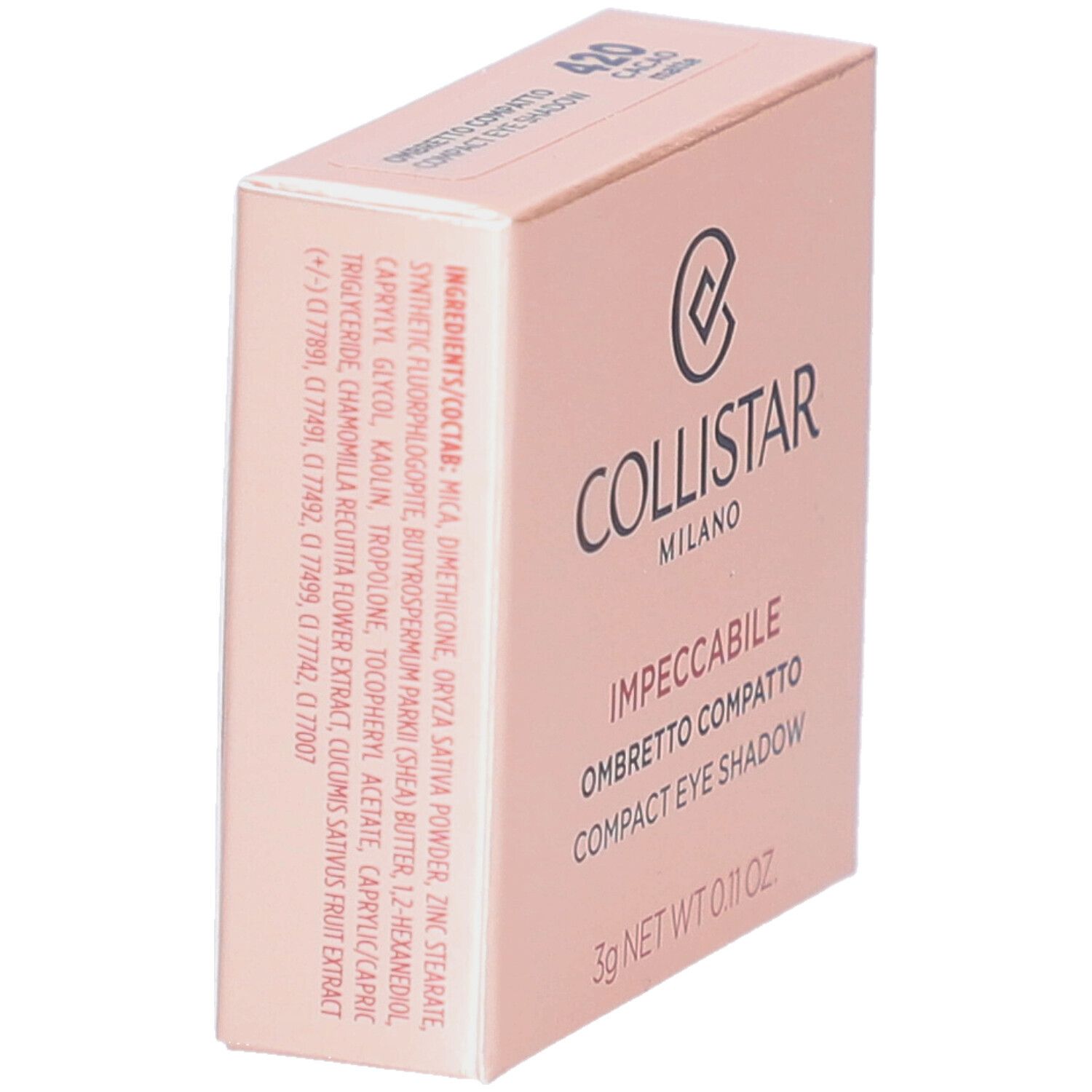 Compacte oogschaduw in roze verpakking. Merk Collistar, tint 420 Cacao Matte. Ingrediënten en tekst in het Italiaans en Engels.