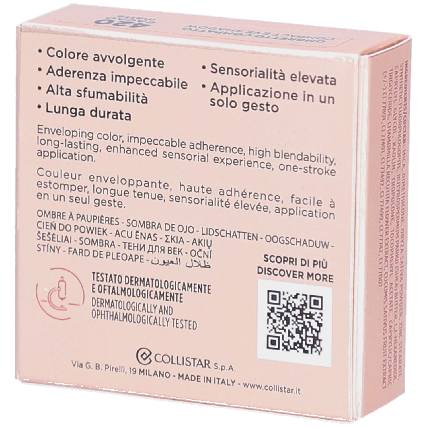 Achterkant van de roze verpakking. Tekst in het Italiaans en Engels. Dermatologisch en oftalmologisch getest. QR-code.