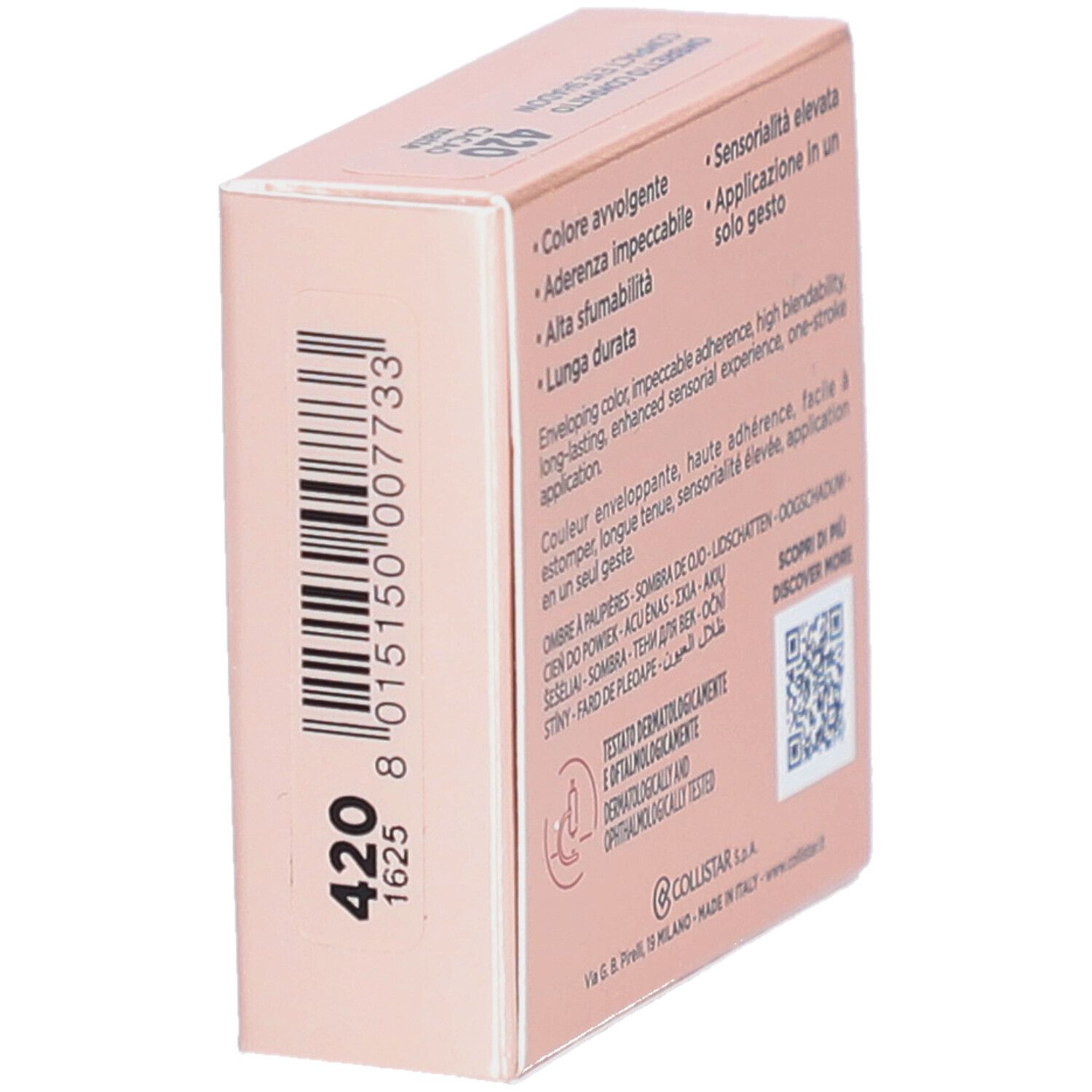 Achterkant van de roze verpakking. Tekst in het Italiaans en Engels. Dermatologisch en oftalmologisch getest. Kleurcode 420.