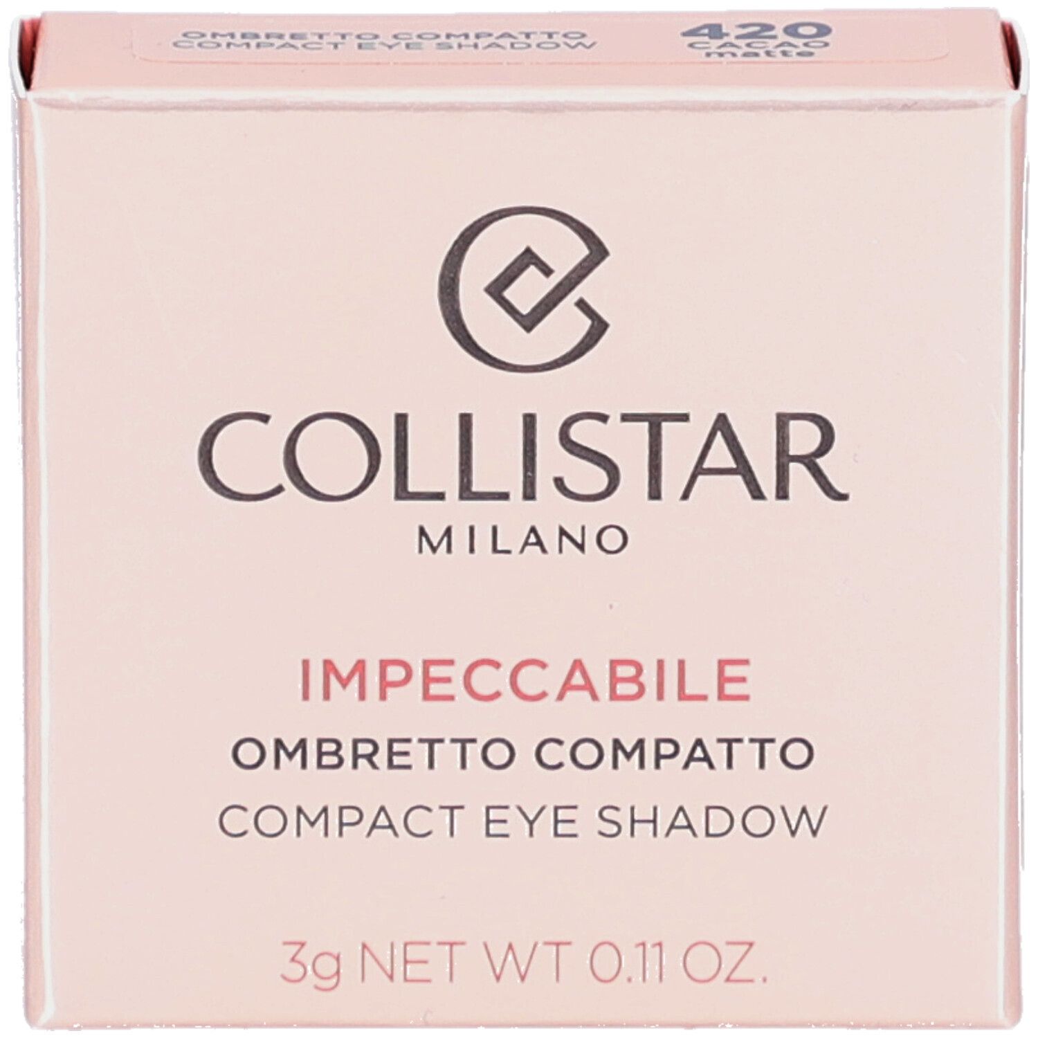 Compacte oogschaduw in roze verpakking. Merk Collistar, tint 420 Cacao Matte. 3g netto. Tekst in het Italiaans en Engels.