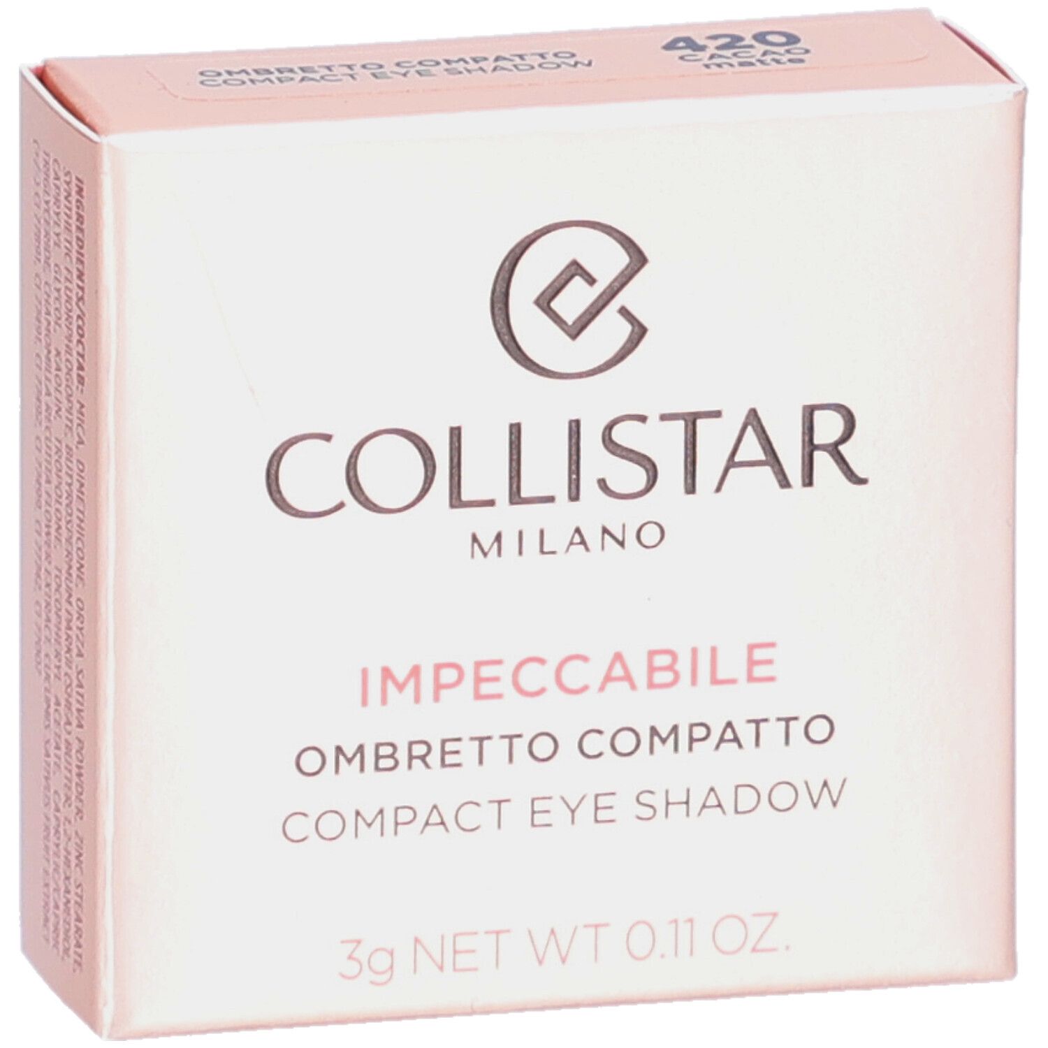 Compacte oogschaduw in roze verpakking. Merk Collistar, tint 420 Cacao Matte. 3g netto. Tekst in het Italiaans en Engels.