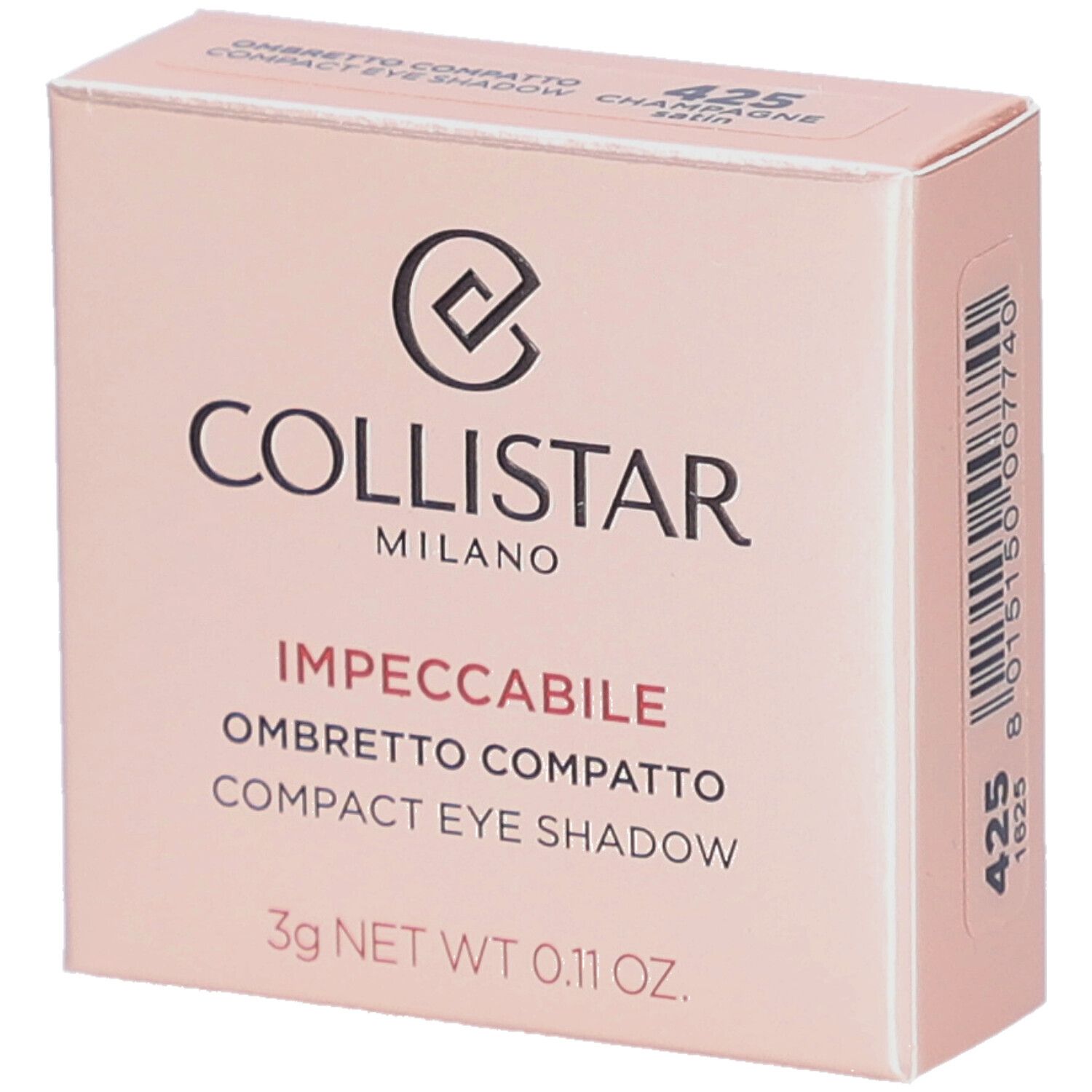Compacte oogschaduw in roze doos. Merk: Collistar. Tekst: Impeccabile Compact Eyeshadow. Kleur: 425 Champagne Satin.
