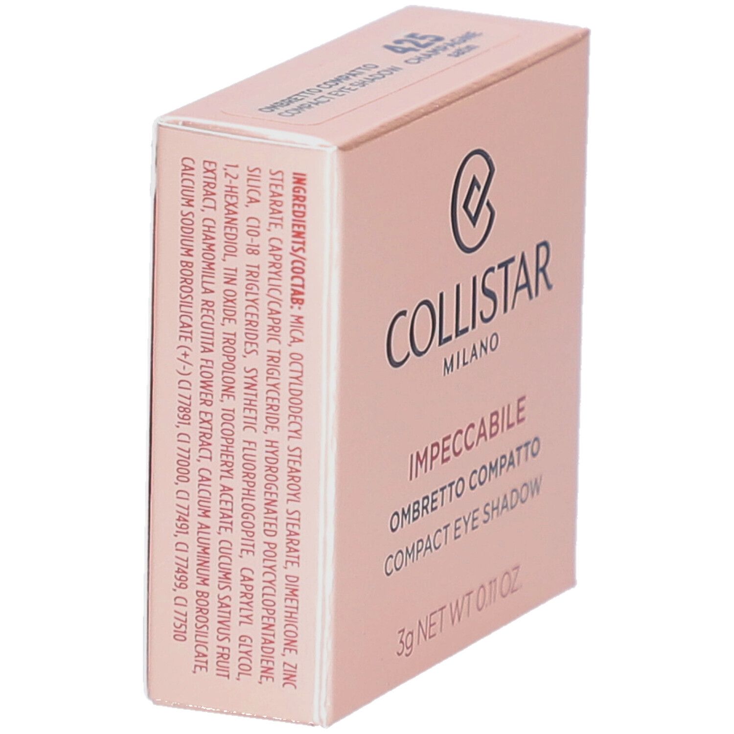 Roze doos met oogschaduw. Merk: Collistar. Tekst: Impeccabile Compact Eyeshadow. Ingrediënten en informatie zichtbaar.