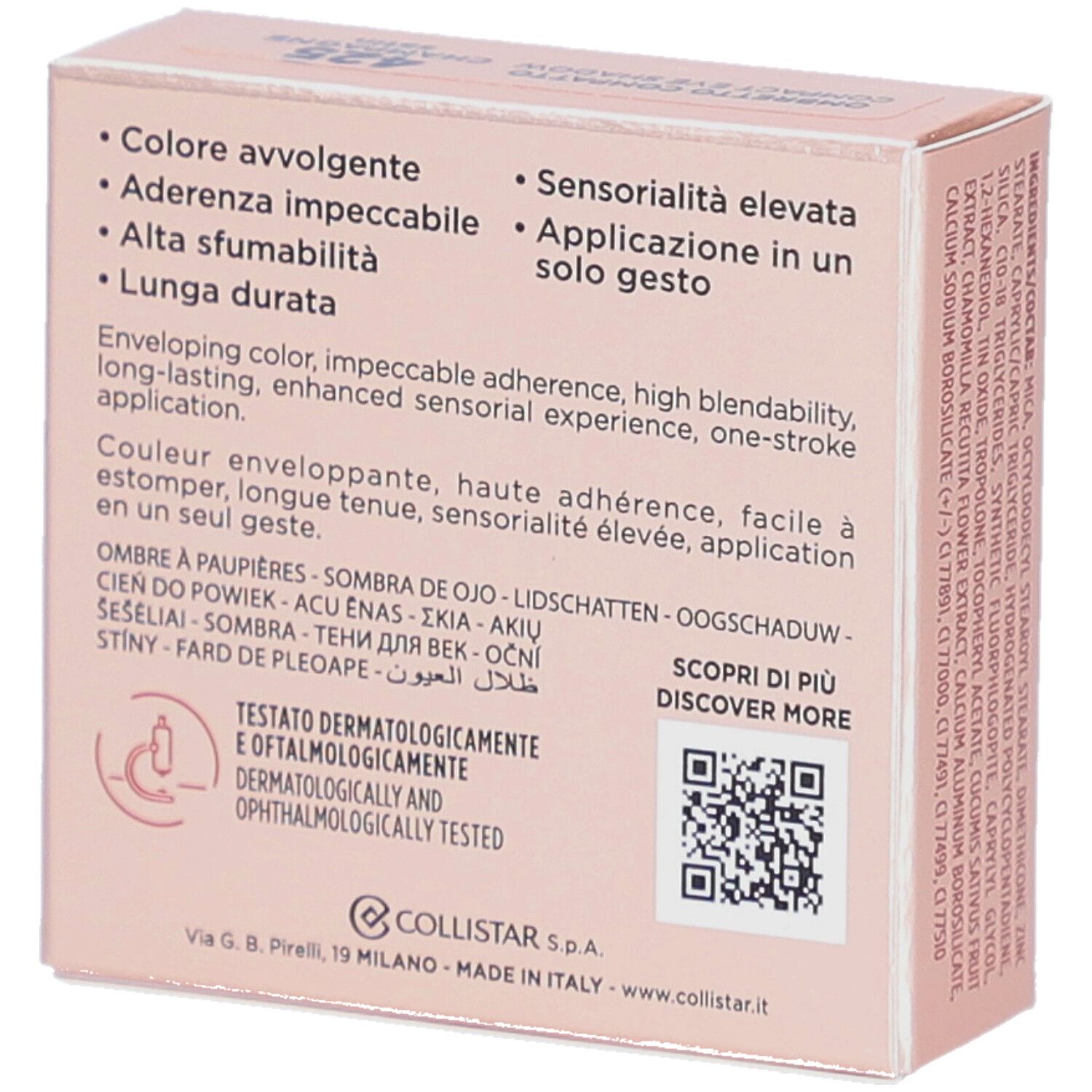 Achterkant van de roze oogschaduwverpakking. Tekst: Eigenschappen, ingrediënten, dermatologisch en oftalmologisch getest.