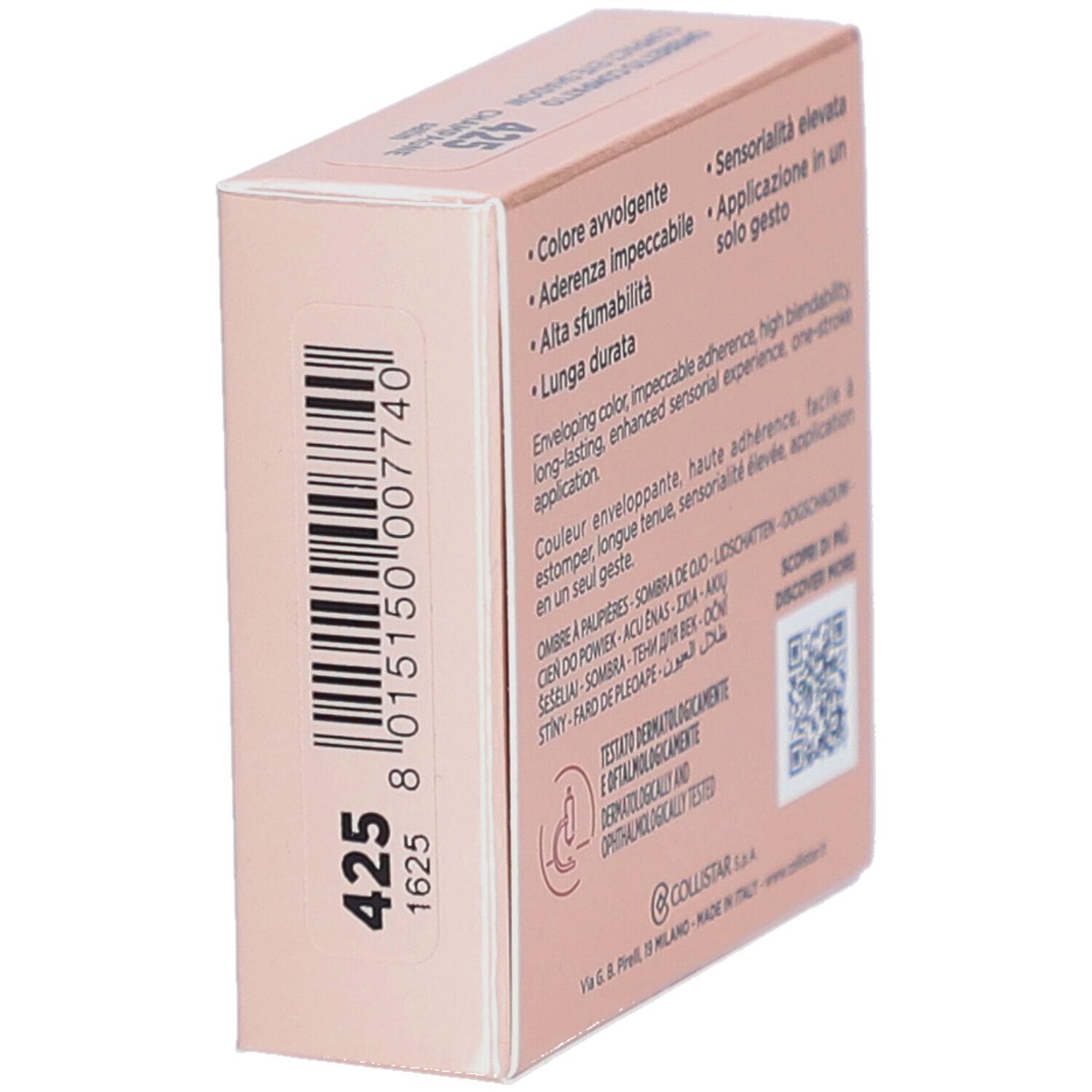 Roze oogschaduwverpakking. Tekst: Eigenschappen, dermatologisch en oftalmologisch getest. Kleurcode: 425.
