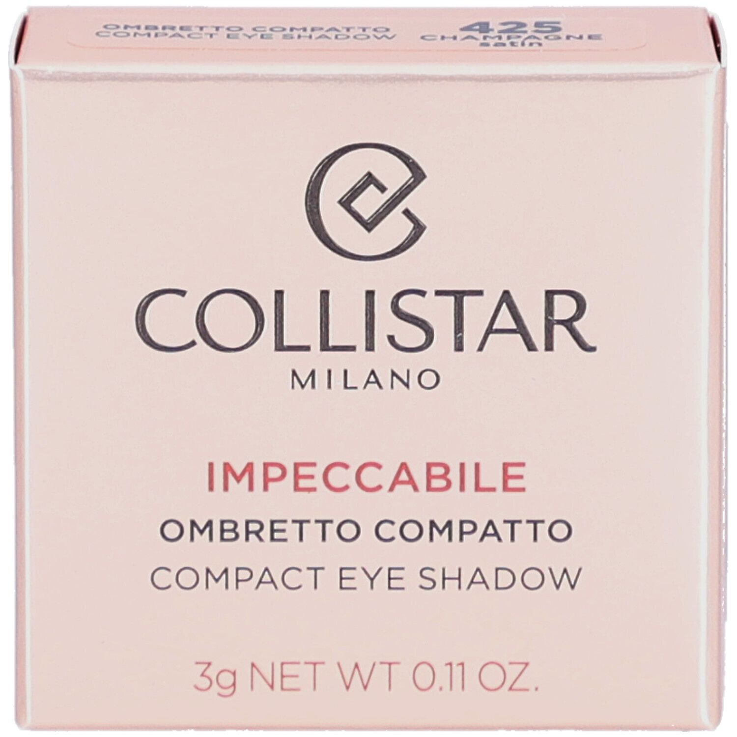 Compacte oogschaduw in roze doos. Merk: Collistar. Tekst: Impeccabile Compact Eyeshadow. Kleur: 425 Champagne Satin.