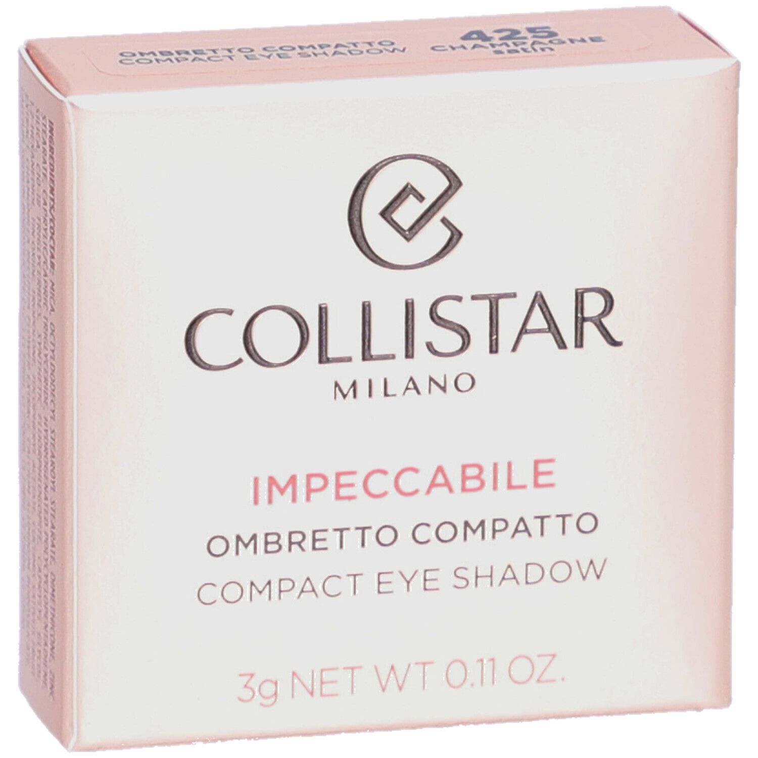 Compacte oogschaduw in roze doos. Merk: Collistar. Tekst: Impeccabile Compact Eyeshadow. Kleur: 425 Champagne Satin.