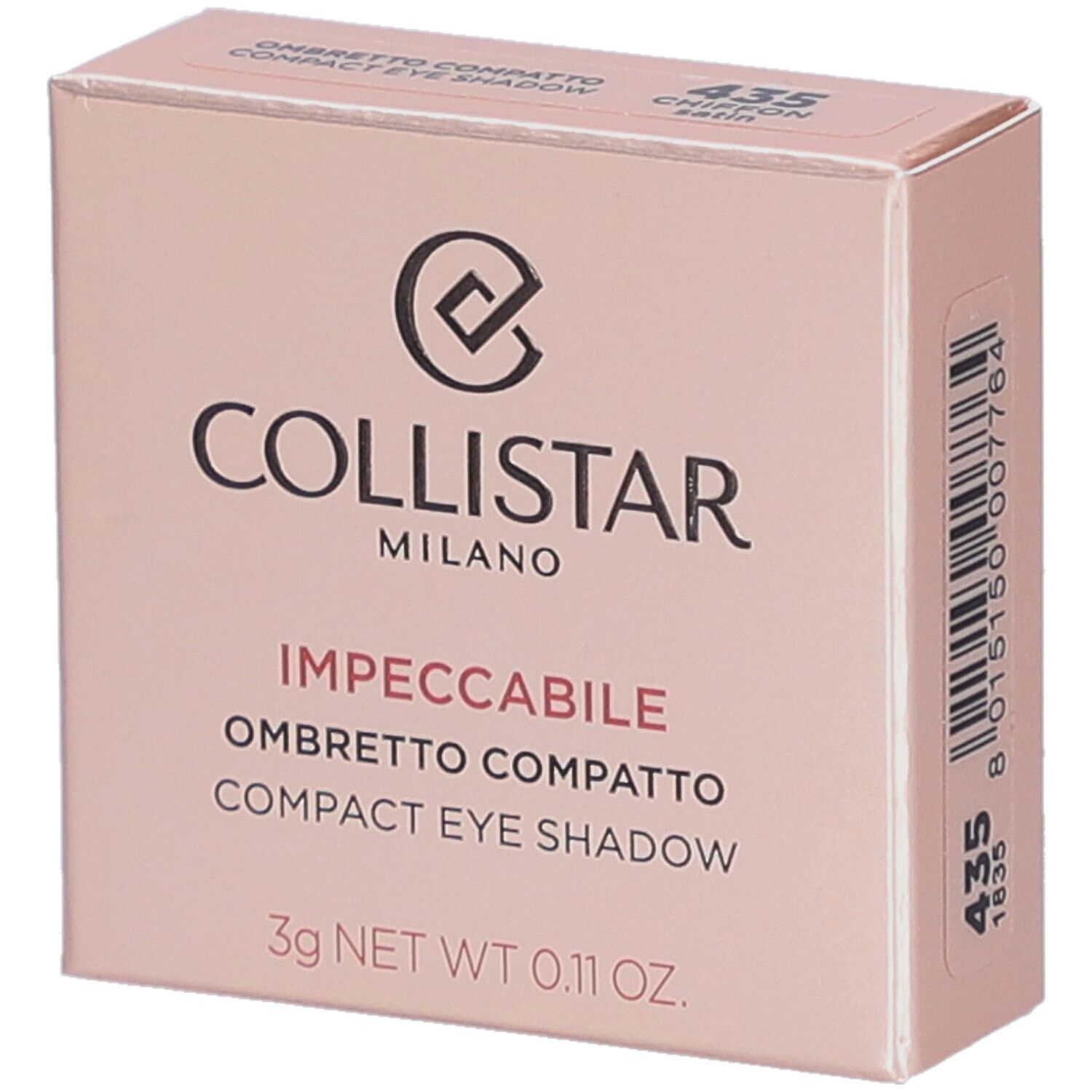 Roze doos. Collistar Milano, Impeccabile Compact Eyeshadow. 435 Chiffon Satin. 3g. Logo zichtbaar.