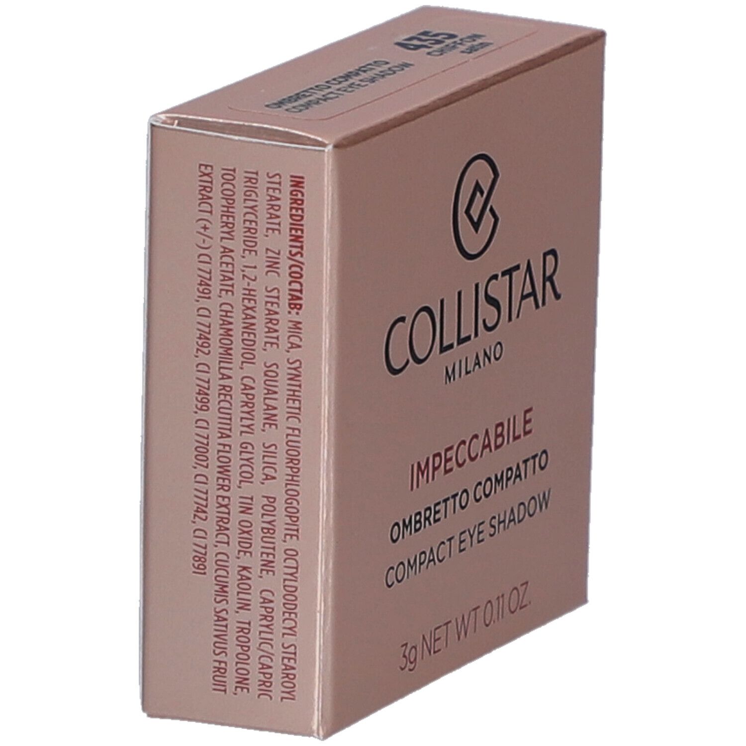 Roze doos. Collistar Milano, Impeccabile Compact Eyeshadow. 435 Chiffon Satin. Ingrediëntenlijst.