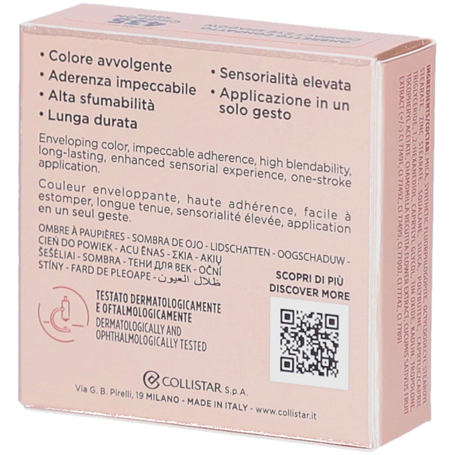 Roze doos. Collistar Milano, Impeccabile Compact Eyeshadow. Tekst in het Italiaans, Engels, Frans.