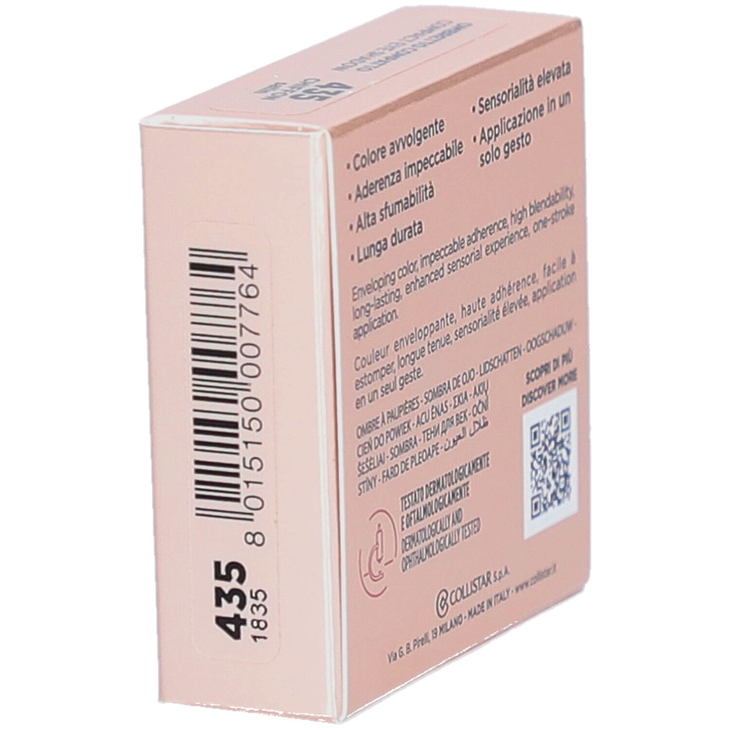 Roze doos. Collistar Milano, Impeccabile Compact Eyeshadow. Barcode en kleurnummer 435.