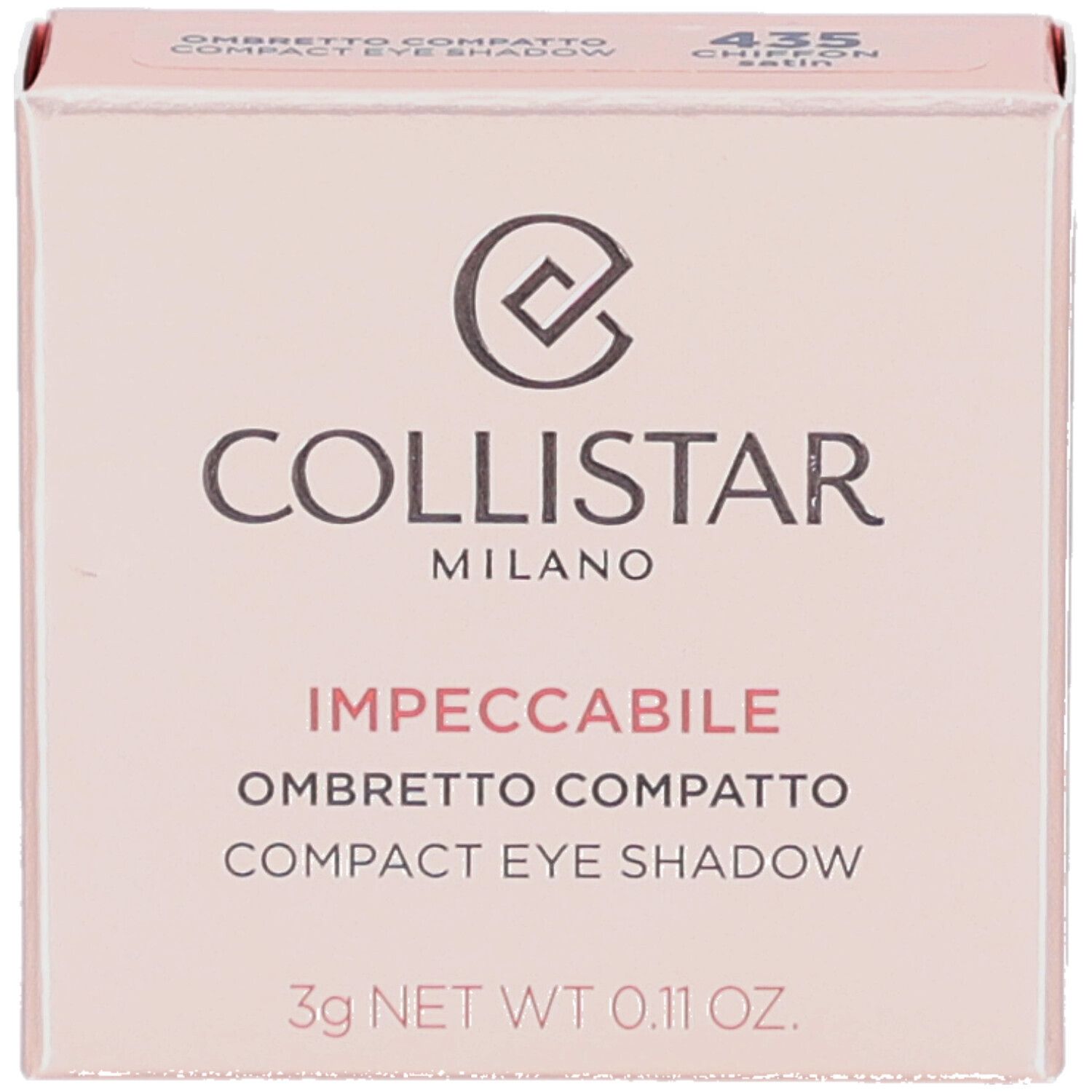Roze doos. Collistar Milano, Impeccabile Compact Eyeshadow. 435 Chiffon Satin. 3g. Logo zichtbaar.